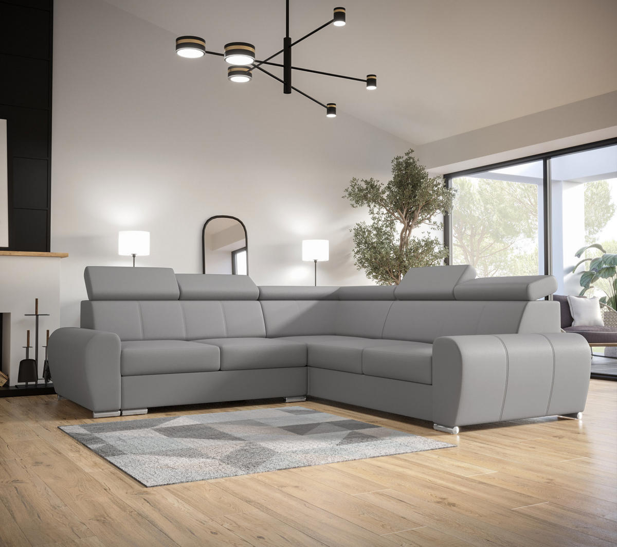 ECKSOFA APOLLO KN09, Eckcouch in L-Form mit Schlaffunktion, Farbe: Grau, Kunstleder, Ottomane Rechts - Grau, Textil (255/255cm) - O-Sofa
