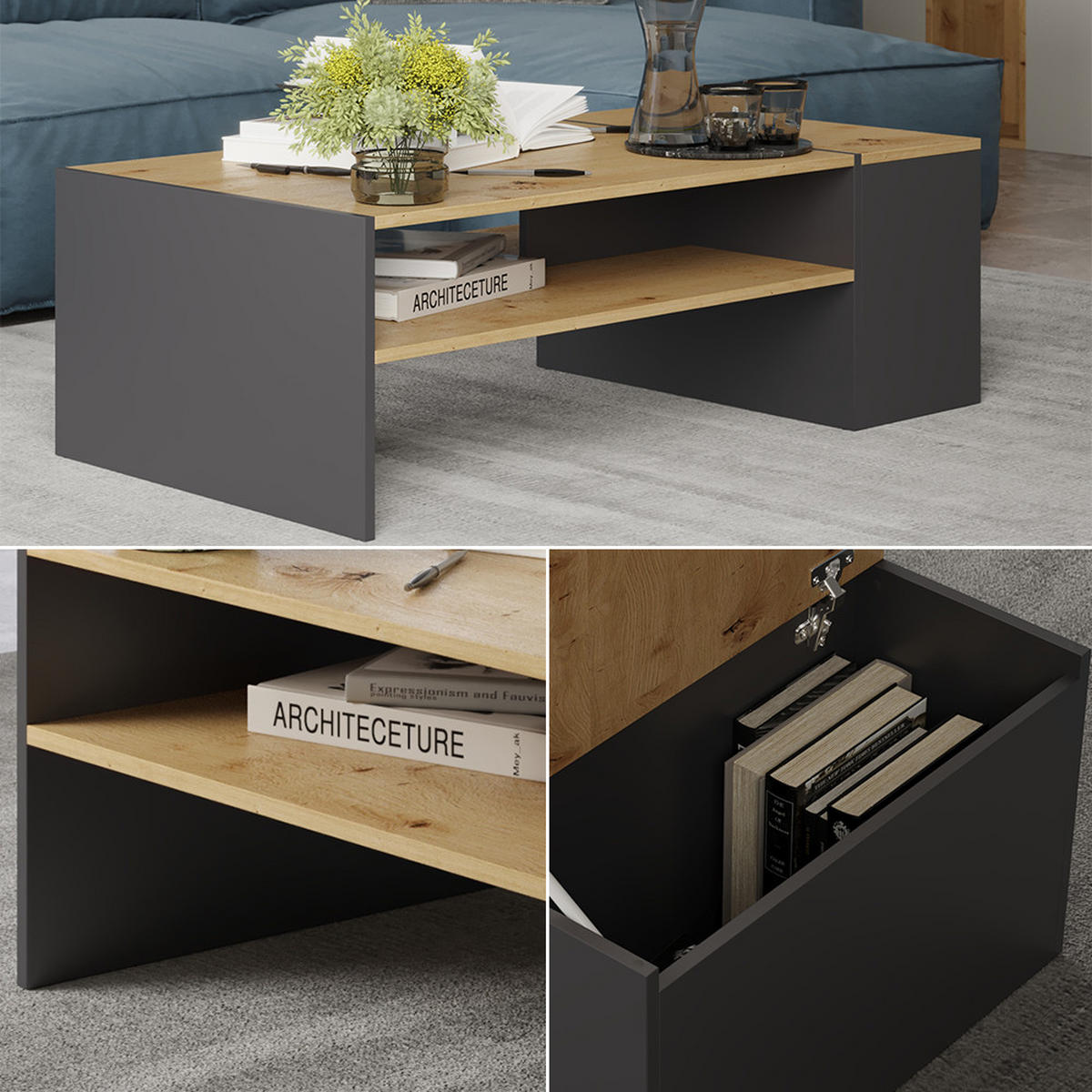 COUCHTISCH Rubby Artisan Eiche/Anthrazit 110 x 60 cm - Anthrazit/Eiche Artisan, Holzwerkstoff (60/110/36cm) - Vicco