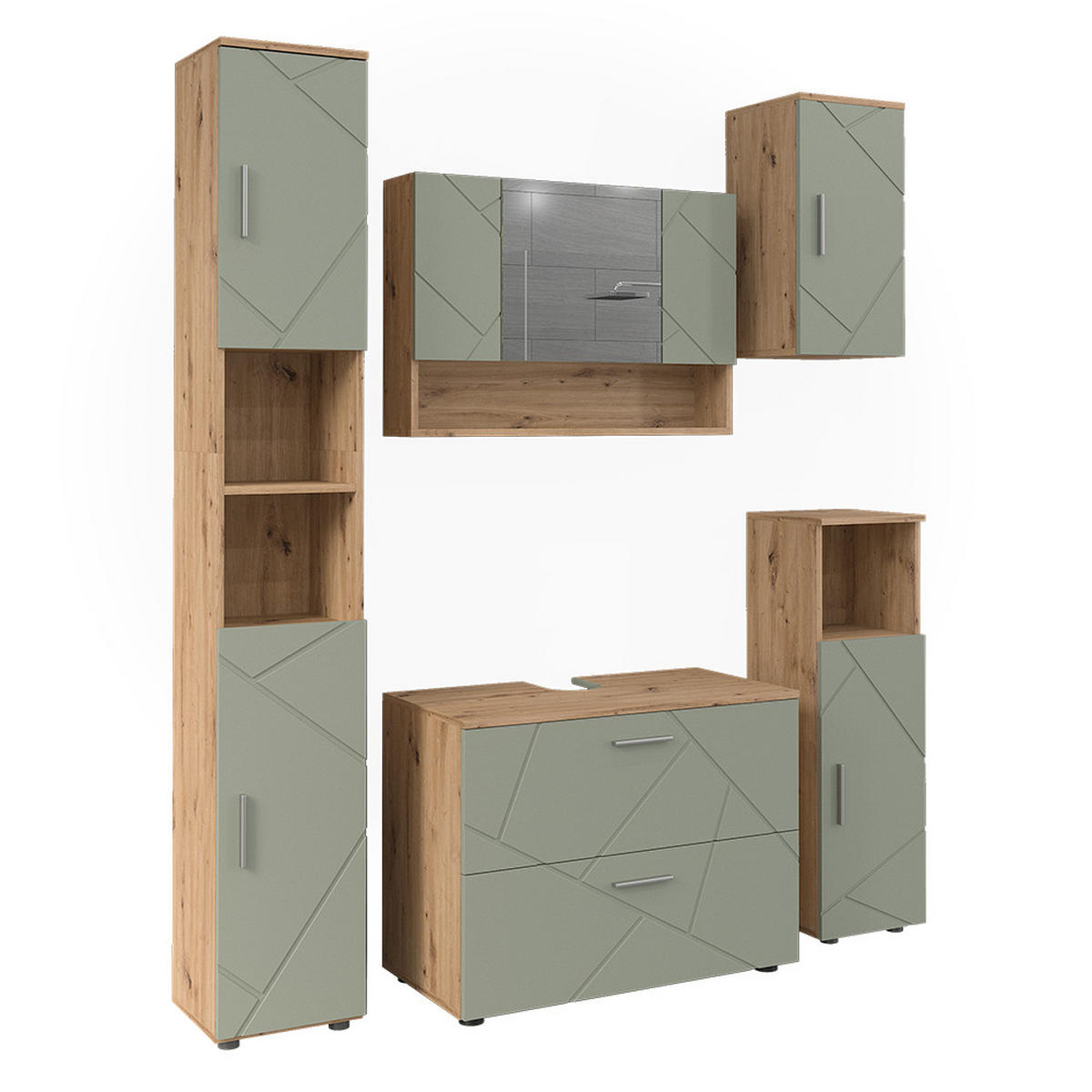 BADMÖBEL-SET Irma Salbeigrün 5 Teile - Salbeigrün, Holzwerkstoff (80/58.6/41cm) - Vicco