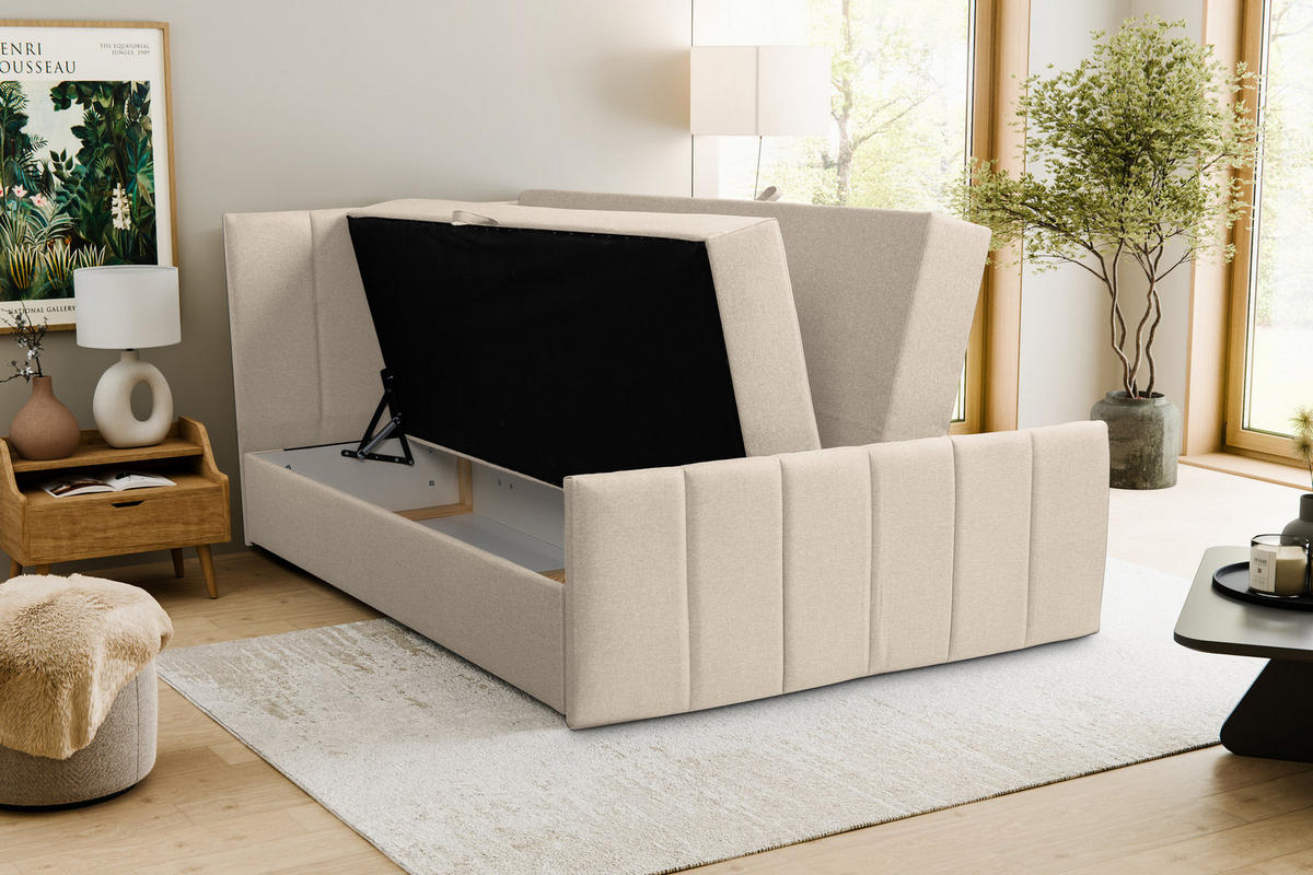 BOXBETT CLAUDINE mit 2 Bettkästen, 160x200, Farbe: Beige, Velourstoff, mit Bonell-Matratze inkl. Topper - Beige, Holz/Kunststoff (160/200cm) - VENASI MÖBEL