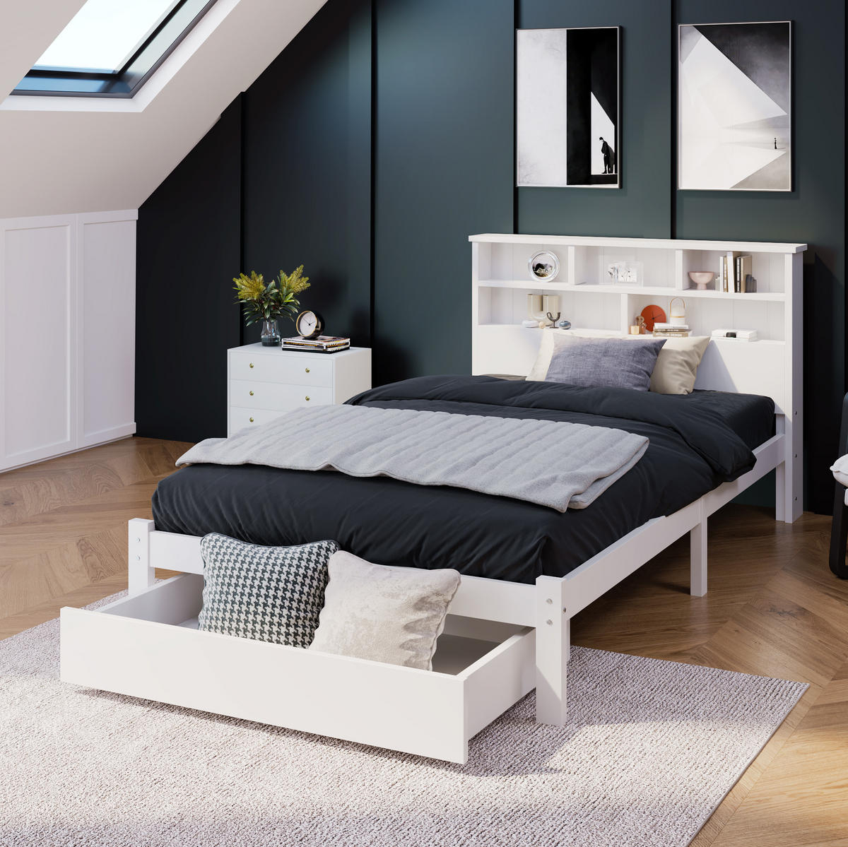 EINZELBETT 90/200 cm aus Massivholz mit Bücherregal-Kopfteil und Schubladen, Weiß - Weiß, Holz - Redom