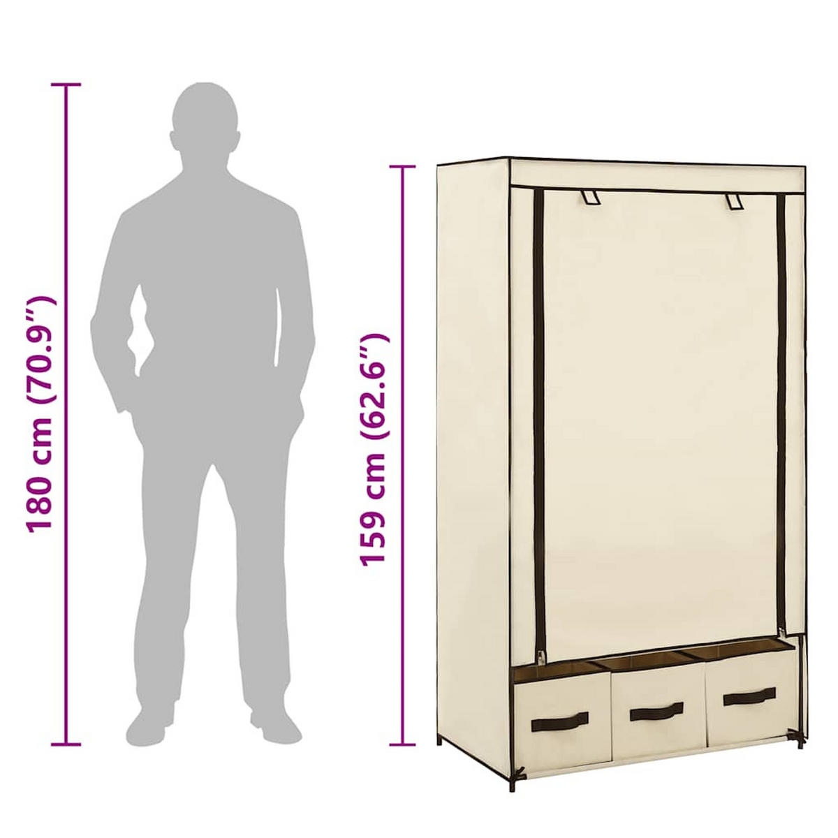 STOFFSCHRANK mit 3 Schubladen, 1 Rolltür 87/49/159 cm Creme - Creme, Textil (87/159/49cm) - vidaXL