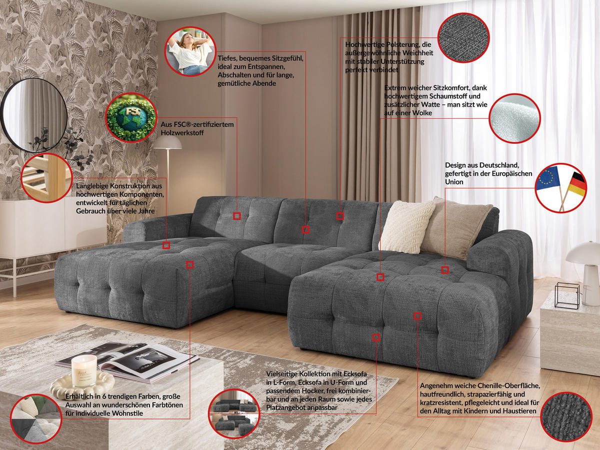 WOHNLANDSCHAFT inkl. Hocker Kozy im Bumpy-Design mit Schlaffunktion und fester Rückenlehne aus weichem Grau Chenille-Stoff - Schwarz/Grau, Holz/Kunststoff (323/79/161cm) - S-Style Möbel