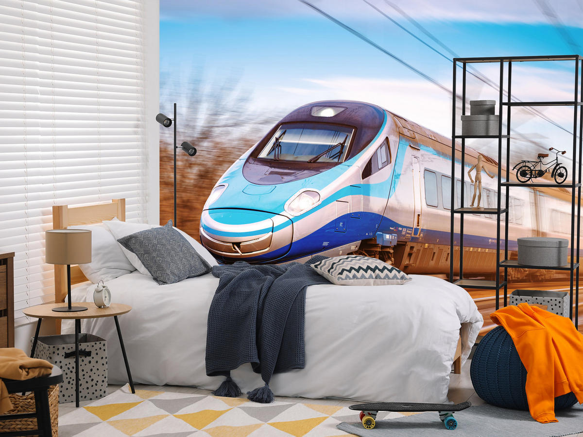 FOTOTAPETE für Wohnzimmer Moderner Zug Eisenbahnschienen 200x140 - Blau/Schwarz, Papier (200/140cm) - Muralo