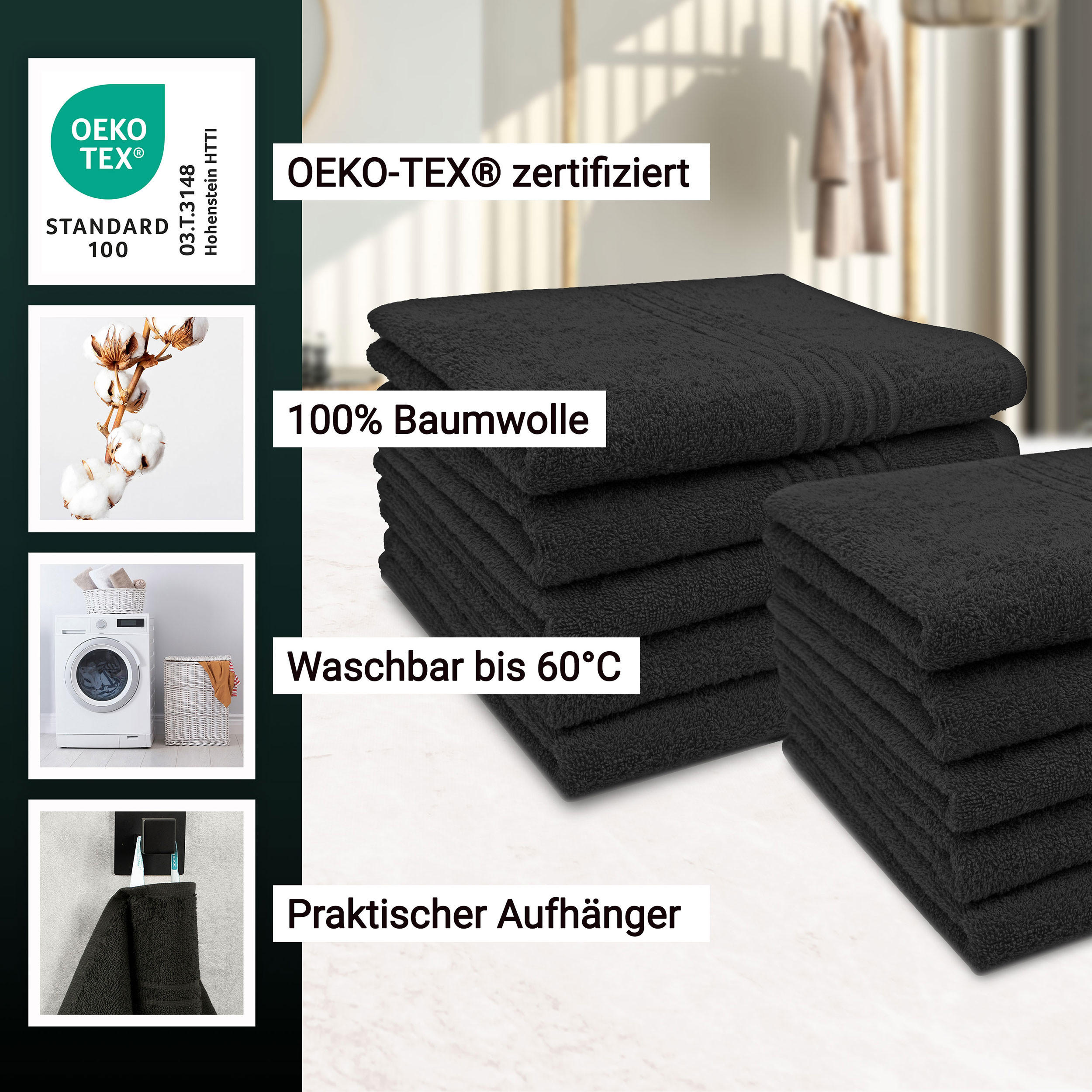 HANDTÜCHER, 10er-Set, 100% Baumwolle, Schwarz - Schwarz, Textil (50/100cm) - Zollner