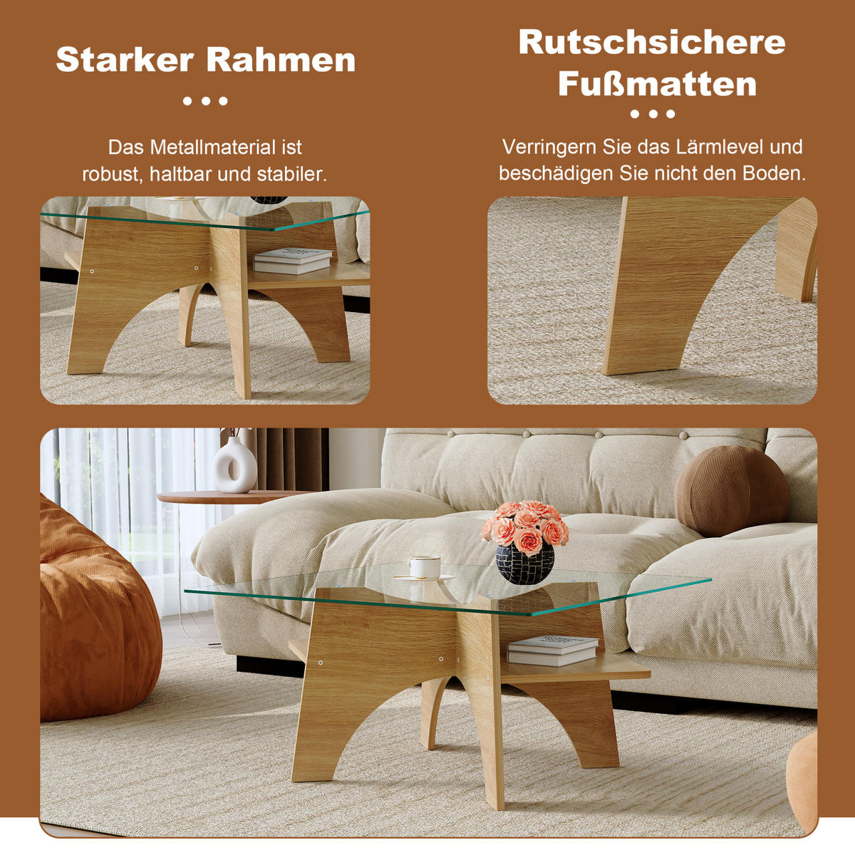 COUCHTISCH aus MDF und Sicherheitsglas 80x80x40 cm in Naturfarben - Naturfarben, Glas (80/80/40cm) - Modfu