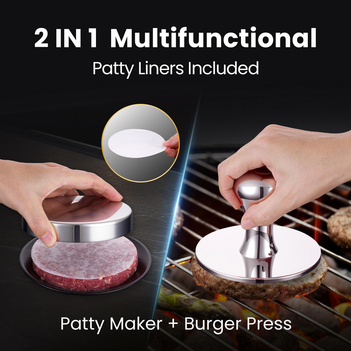 2-IN-1 Burgerpresse aus Edelstahl, Patty-Maker, robust, leicht zu reinigen - Edelstahlfarben, Metall (12.5/9.1/9.1cm) - Gourmet Easy