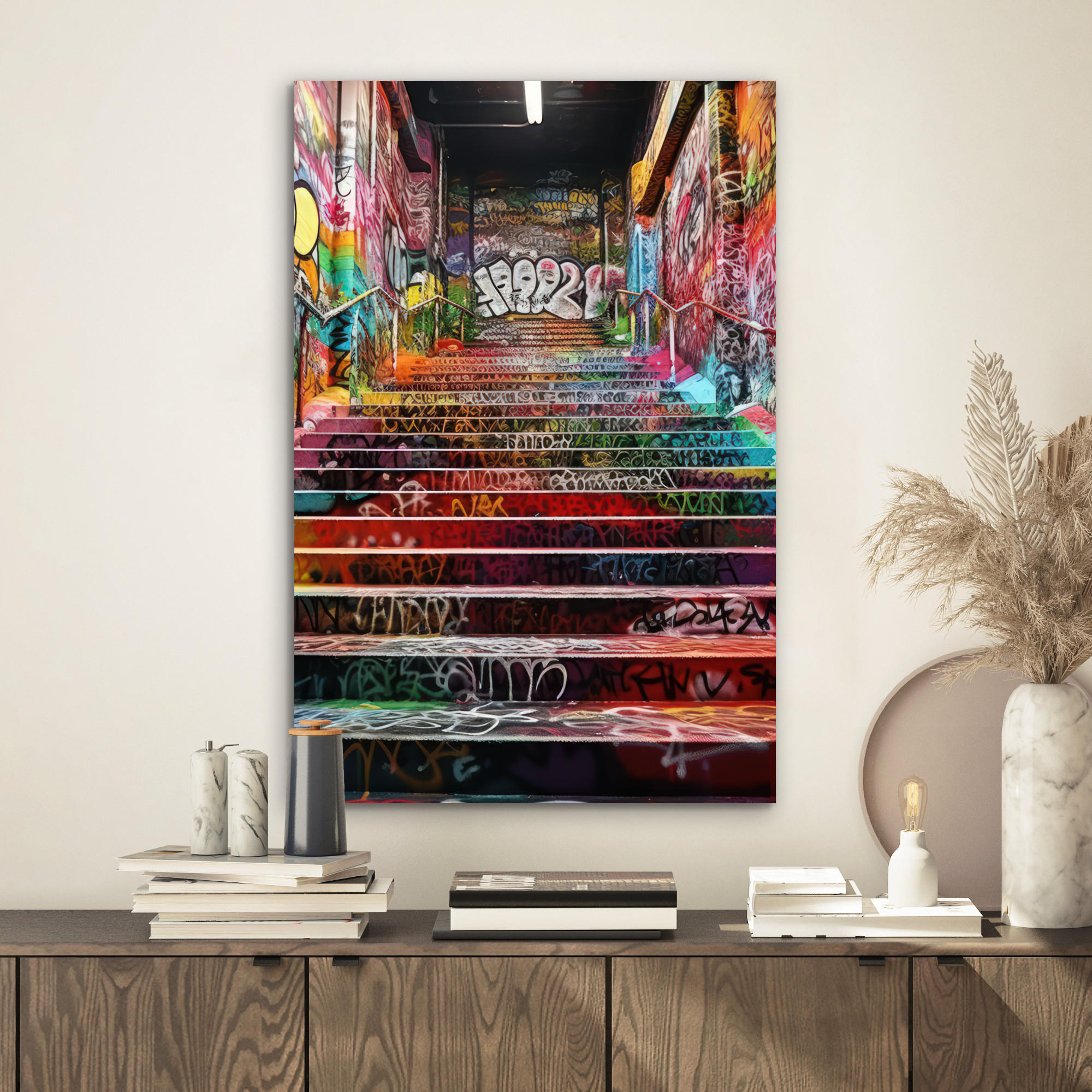 METALLBILD Treppe - Graffiti - Farben - Kunst 40x60 cm - Multicolor, Metall (40/60cm) - MuchoWow