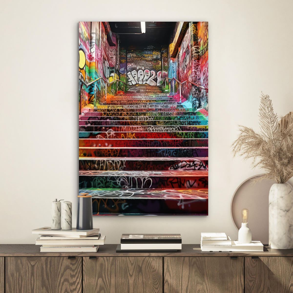 METALLBILD Treppe - Graffiti - Farben - Kunst 40x60 cm - Multicolor, Metall (40/60cm) - MuchoWow