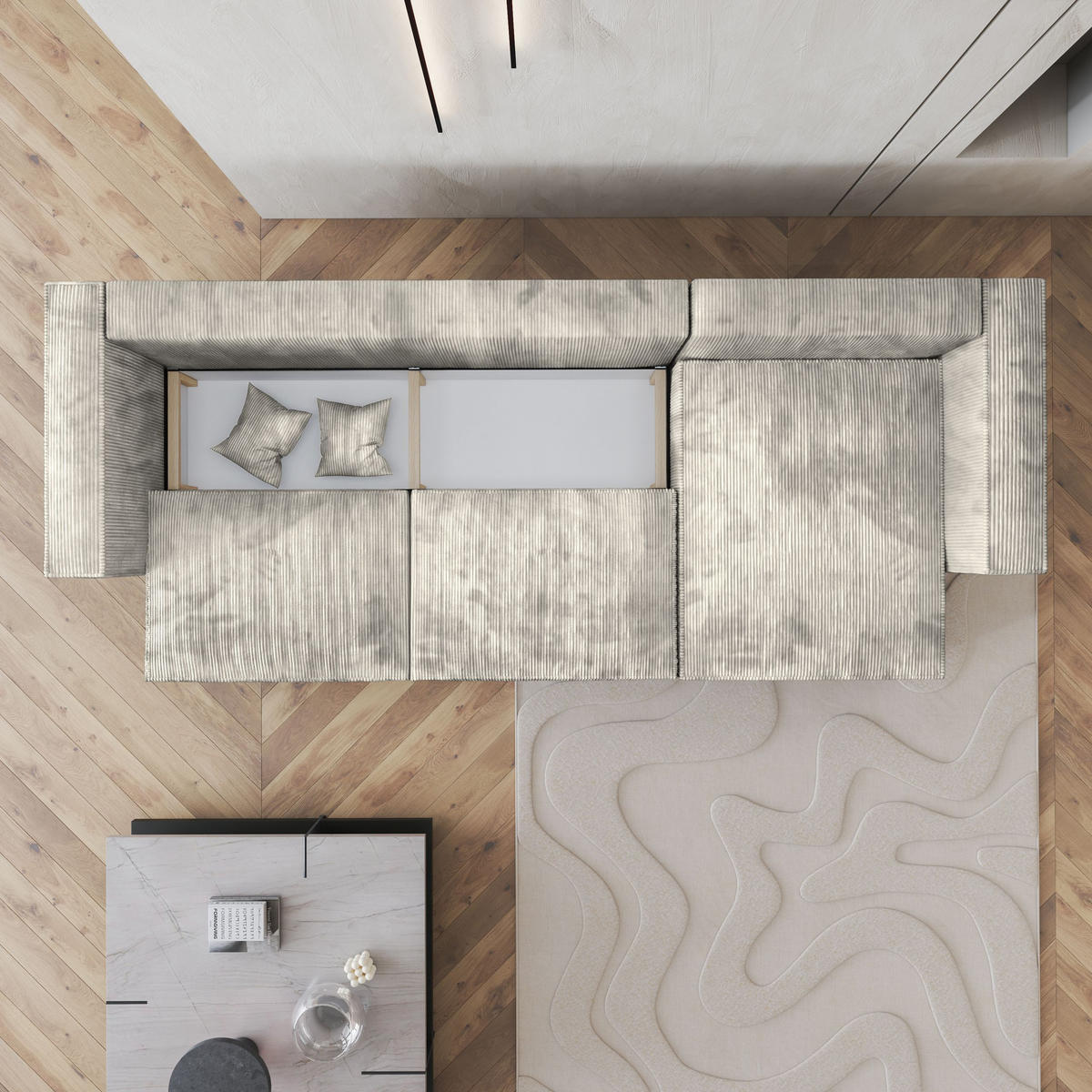 ECKSOFA TOLMO P Creme Kordstoff mit Schlaffunktion - Creme, Holz (347/148cm) - MASSENO