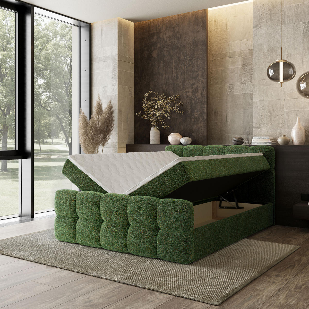 BOXBETT BRUME 180x200 cm mit Matratze und Topper, H2+H3 - Grün - Grün, Holz (180/200cm) - MASSENO