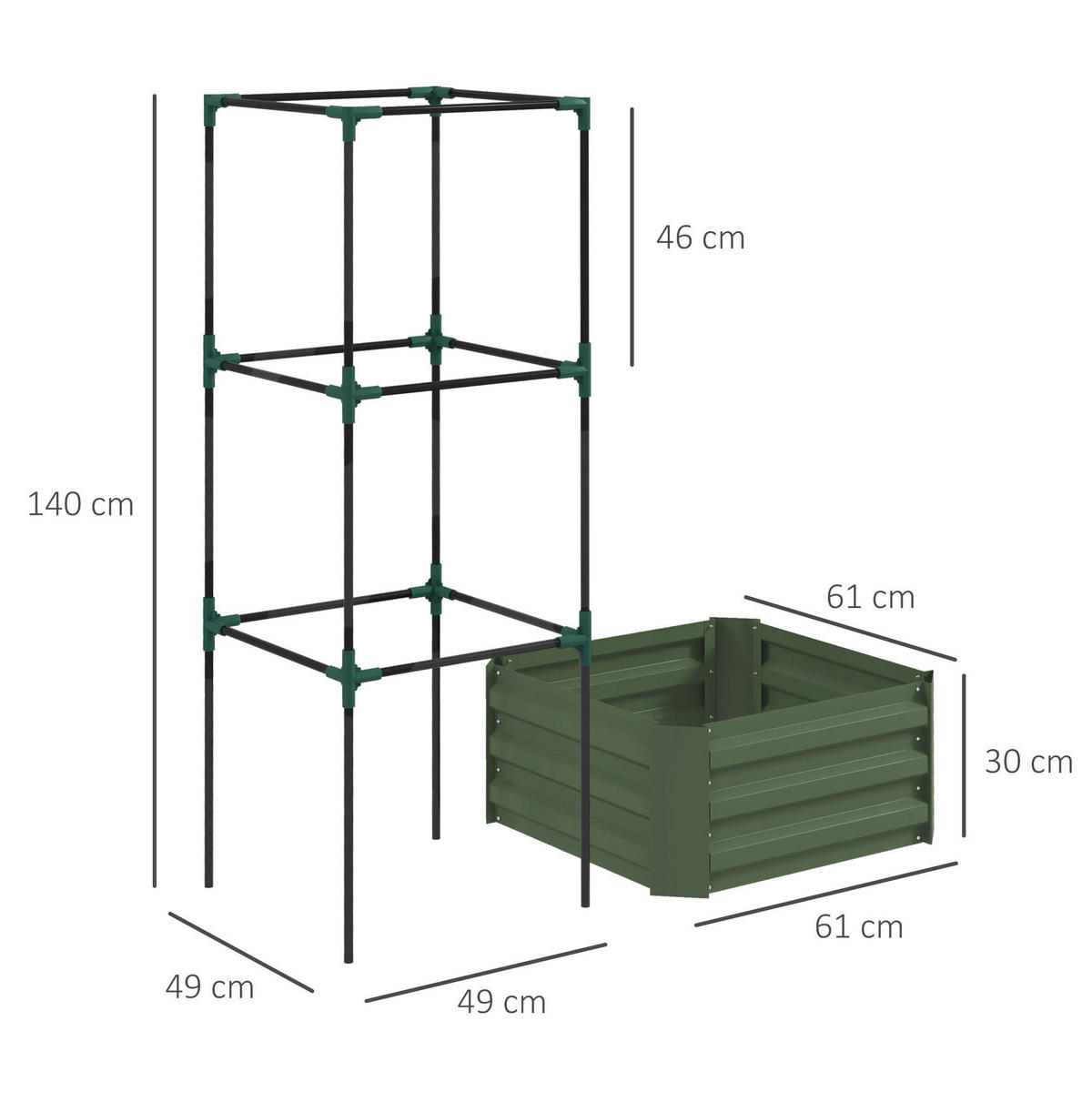 BLUMENKASTEN aus Stahl 61x61x140 cm in Grün mit Tomatenrankhilfe - Grün, Metall (61/140/61cm) - Modfu