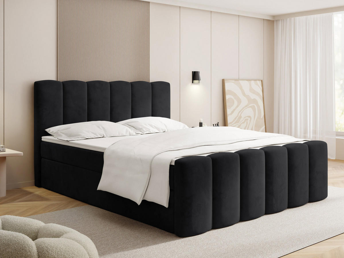 BOXBETT Serenity mit Bettkasten, Samt Schwarz 140x200 cm – inkl. H4 Taschenfederkern Matratze & Foam Topper - Schwarz Hochglanz/Schwarz, Holz/Holzwerkstoff (140/200cm) - WFL GROUP