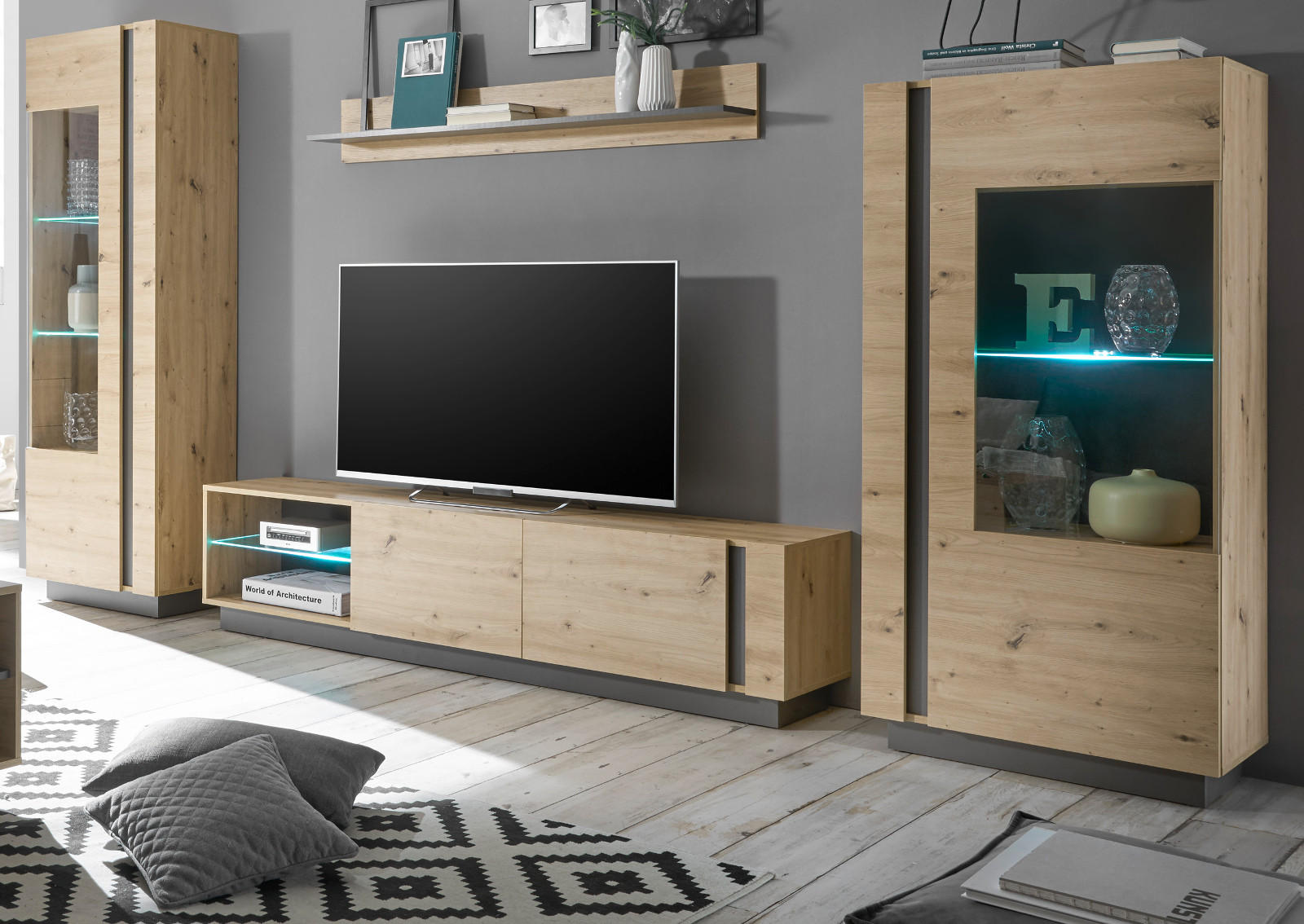 WOHNWAND 4-teilig Eiche Artisan, Graphit grau 340 cm, Schrankwand mit Soft-Close - Eiche Artisan/Grau, Glas/Holz (340/194/40cm) - Furn.Design