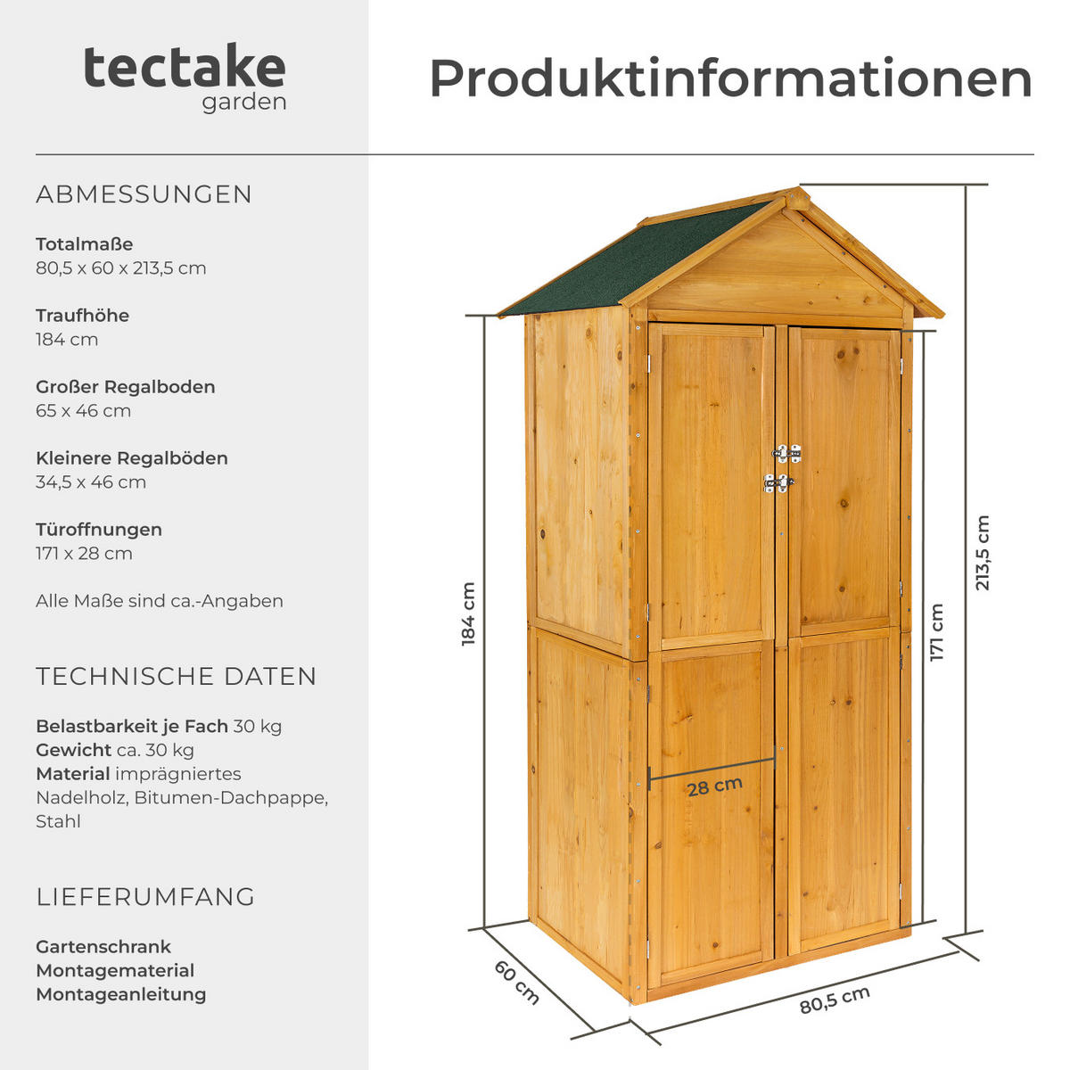GARTENSCHRANK Mit Satteldach Kadi,80,5 x 60 x 213,5 cm,braun - Braun, Holz (60/213.5/80.5cm) - tectake