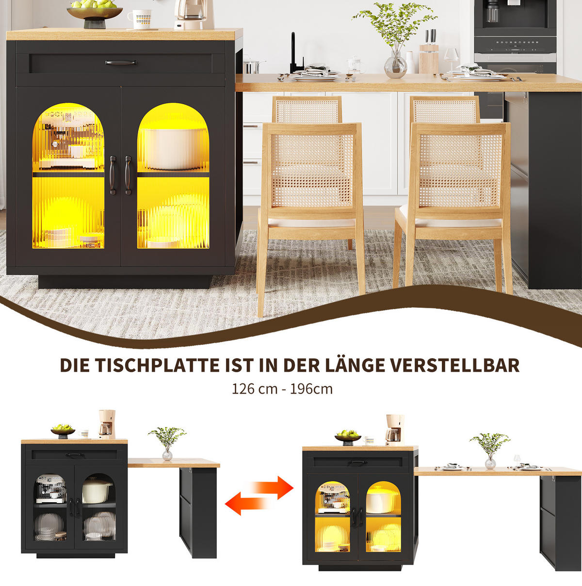 KÜCHENINSEL aus MDF 126-196x59x94 cm Schwarz mit ausziehbarer Tischplatte, RGB-LED-Beleuchtung und Stauraum - Schwarz, Holzwerkstoff (196/94/59cm) - Modfu