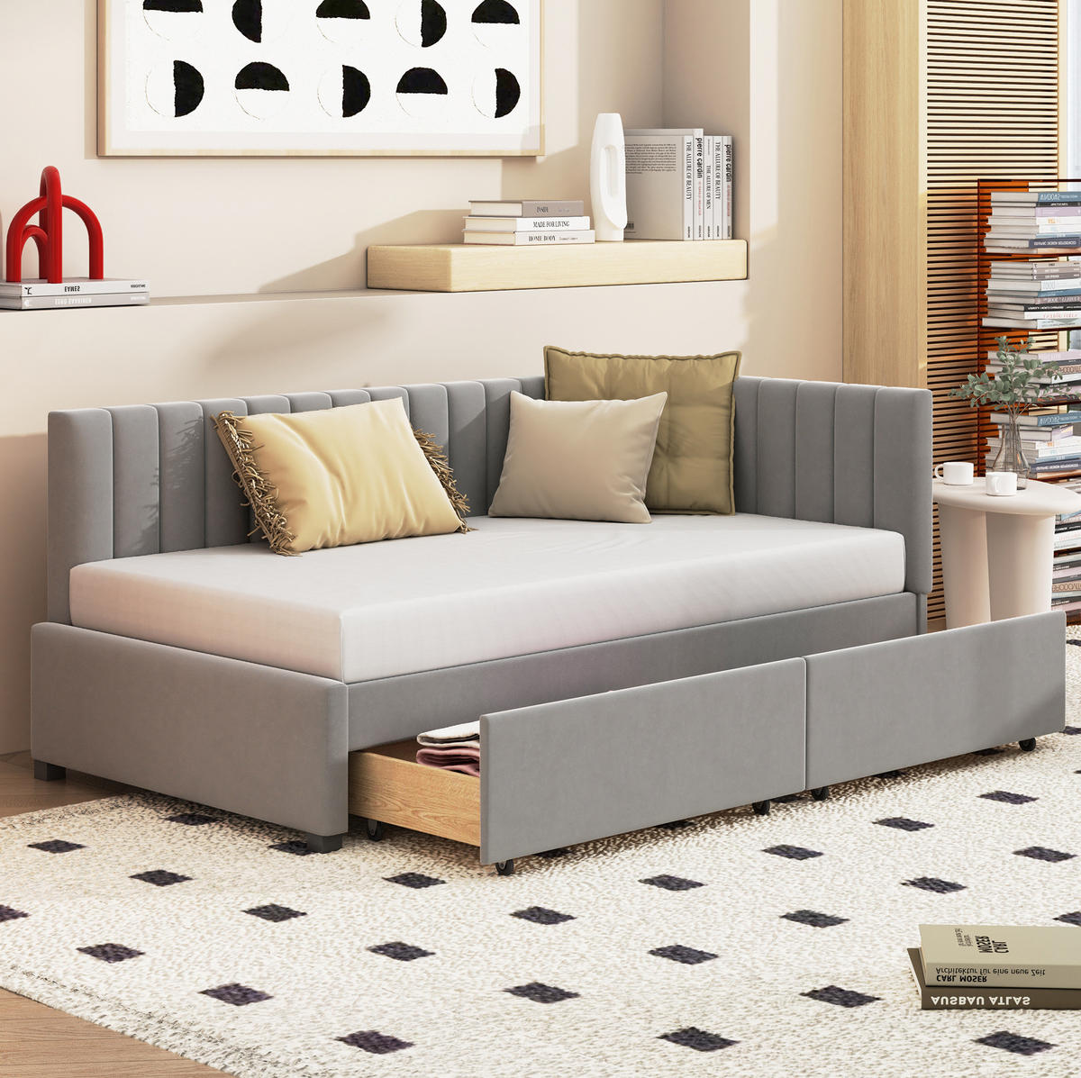 ČALOUNĚNÁ postel 90/200 cm šedá z látky se dvěma úložnými zásuvkami a lamelovým roštem - šedá, kůže (90/200cm) - OKWISH