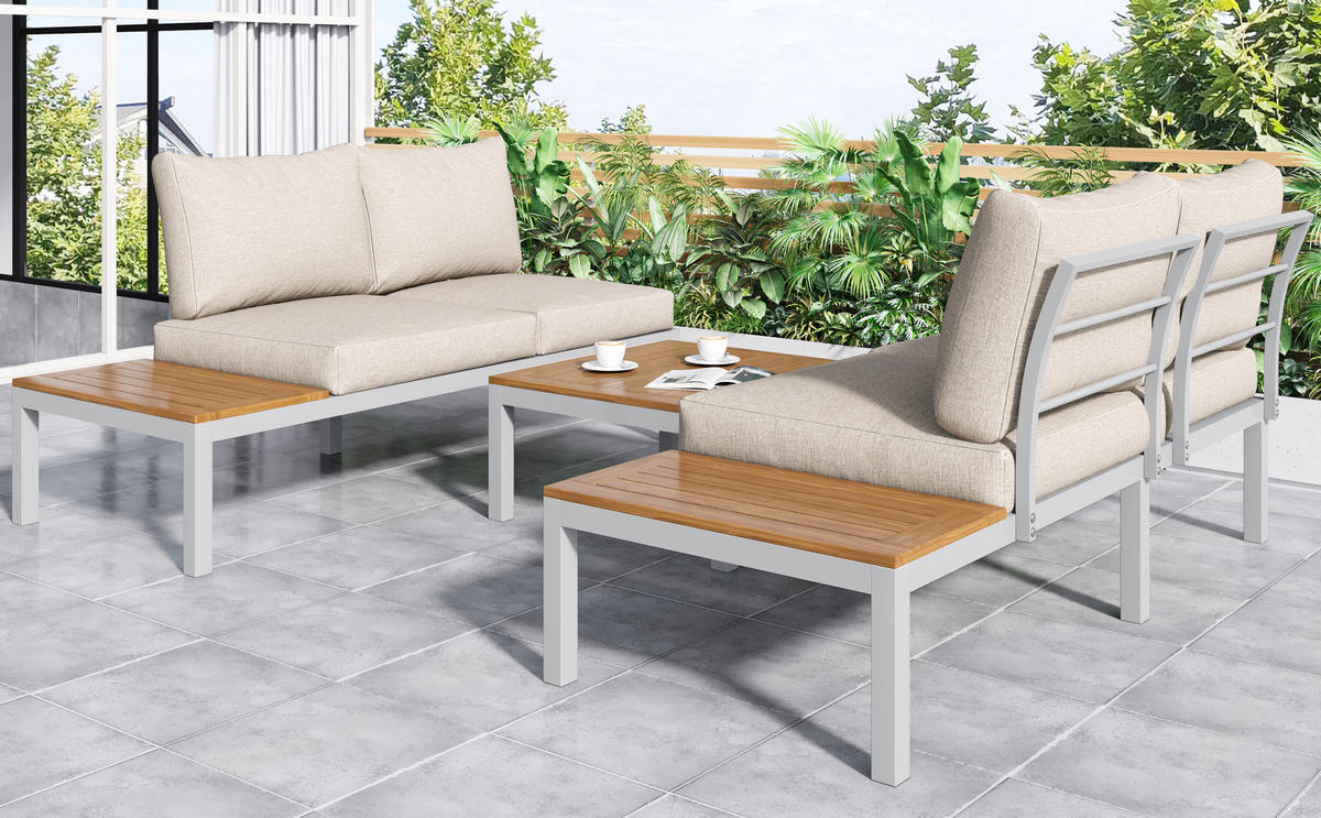 GARTENMÖBEL,2X Zweisitzer+2x Beistelltische+1x Tisch,beige - Beige, Metall - Vallsero