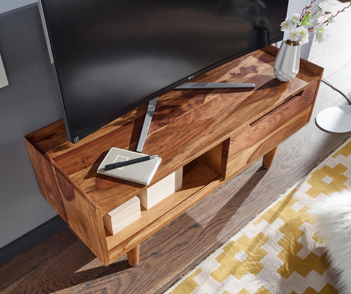 LOWBOARD Massivholz Modern Stil für Fernseher bis 50 Zoll mit Schiebetür und 2 Fächern - Braun, Holz (95/44/34cm) - KADIMA DESIGN