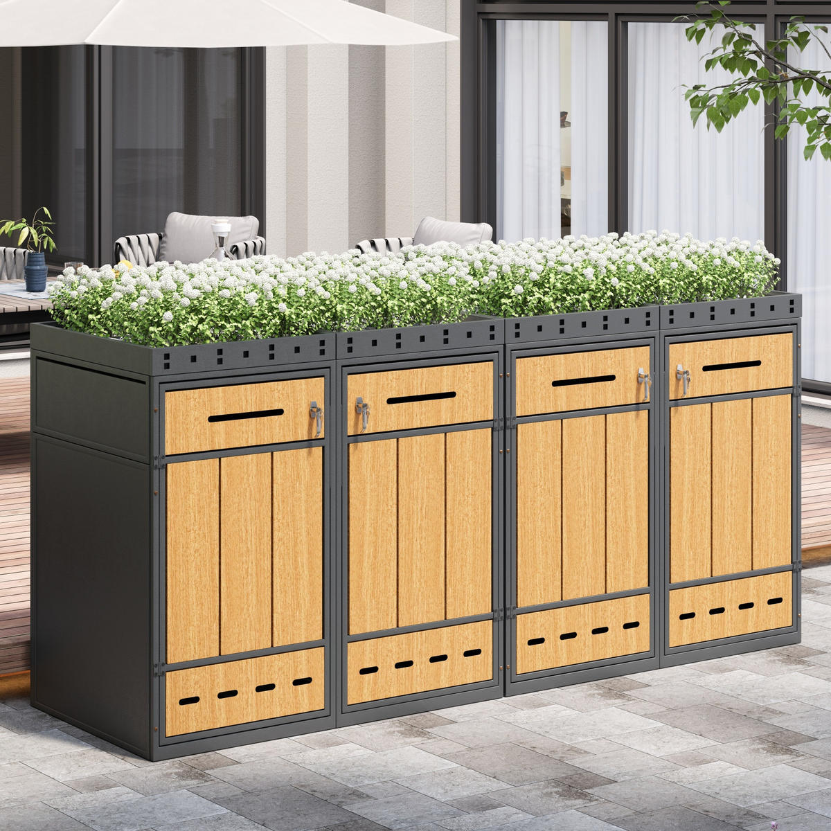 MÜLLTONNENBOX aus Stahl in Grau Holzoptik mit Pflanzdach & Schloss - Grau, Metall (264/124/80cm) - Modfu