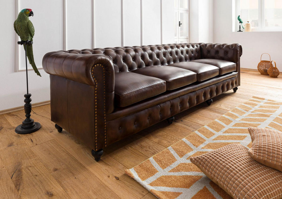 SOFA 4-Sitzer Echtleder 274x82x75 braun CHESTERFIELD #104 - Braun, Leder (274/75/82cm) - Massivmoebel24