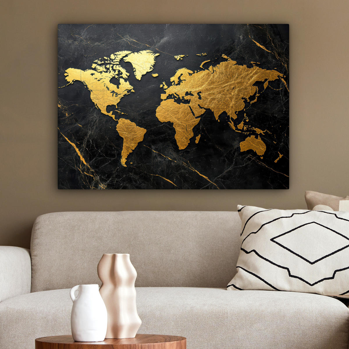LEINWANDBILD Weltkarte - Gold - Marmor Wandbilder 80x60 cm - Goldfarben, Textil (80/60cm) - MuchoWow