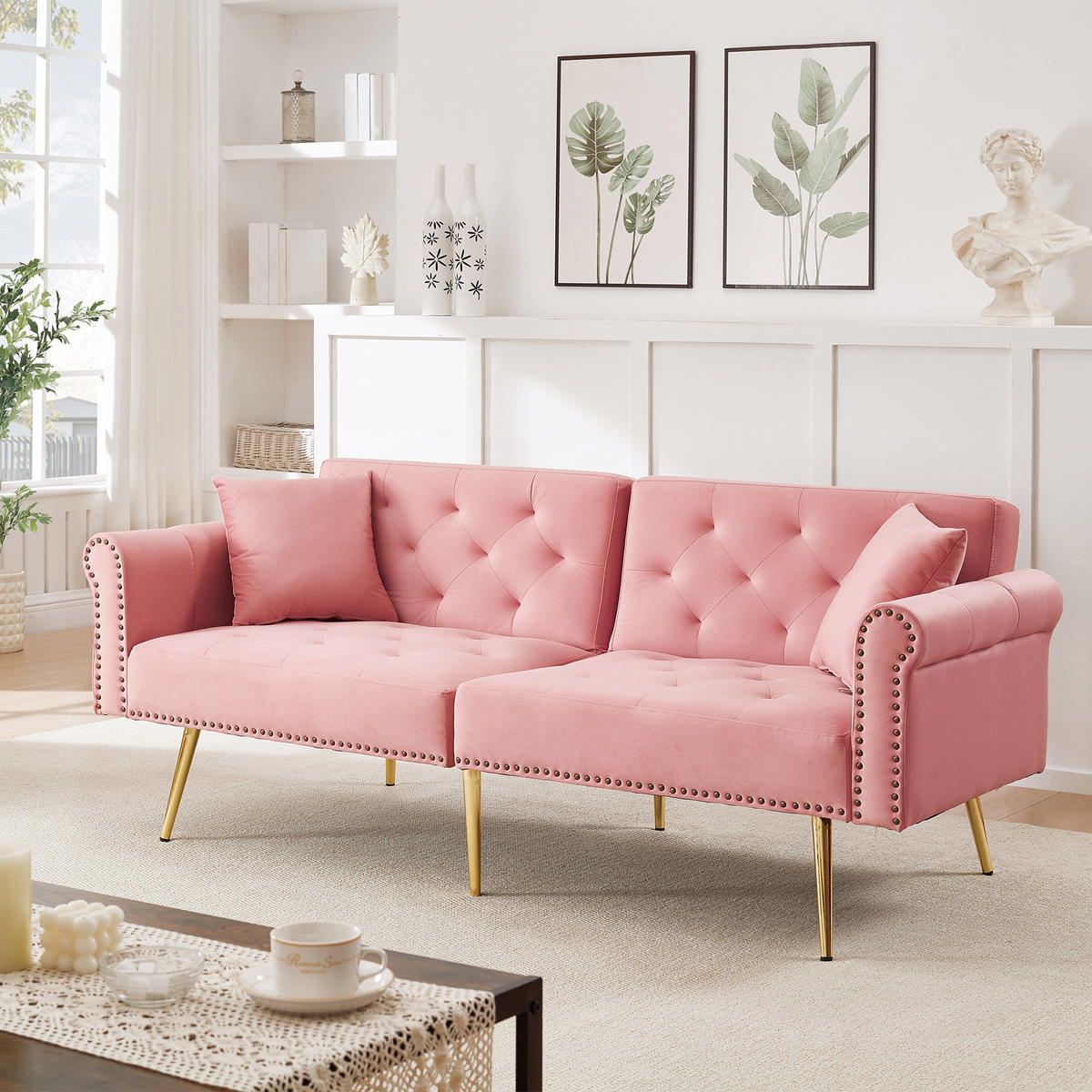 SCHLAFSOFA 2-Sitzer mit verstellbarer Rückenlehne und vergoldeten Metallfüßen Samt Pink 147/85/41 cm - Rosa, Kunststoff (173/70/75cm) - OKWISH