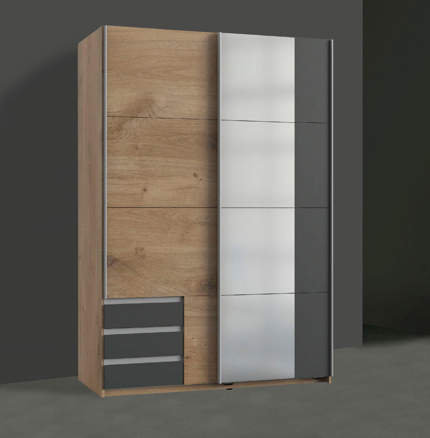 SCHWEBETÜRENSCHRANK Emden Plankeneiche / graphit 135 / 64 / 198cm - Eichefarben/Graphitfarben, Holz/Holzwerkstoff (135/198/64cm) - Wimex