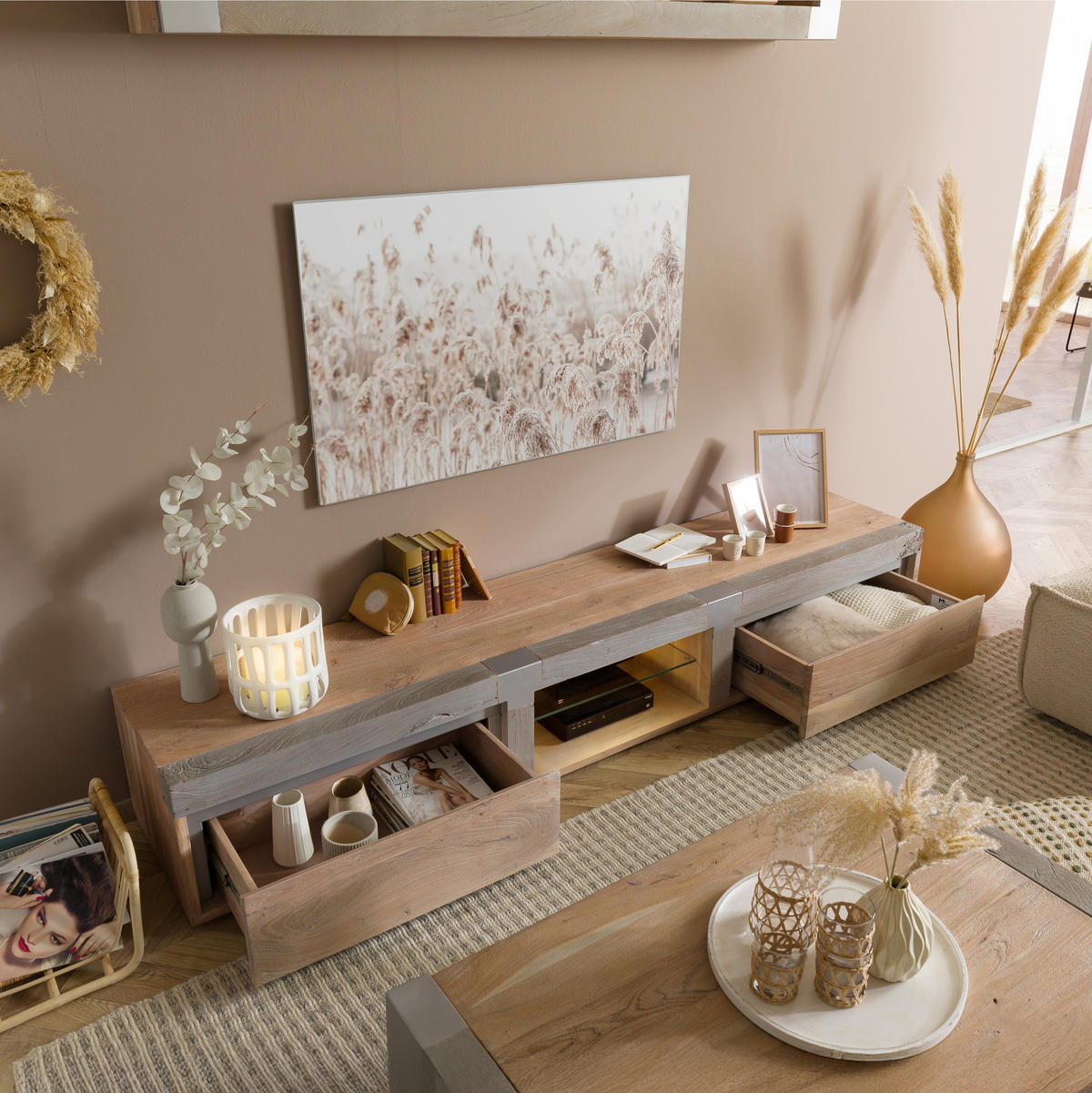 TV-BOARD Akazie 240x48x39 beige lackiert Amsterdam #104 - Beige, Holz (240/39/48cm) - Massivmoebel24