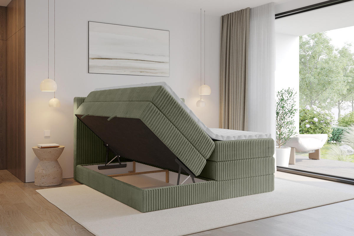 BOXSPRINGBETT mit Matratze H3|H4 und Lattenrost - TOLO KING 140x200 Cord - Olive - Olivgrün, Holzwerkstoff (140/200cm) - ALTDECOR