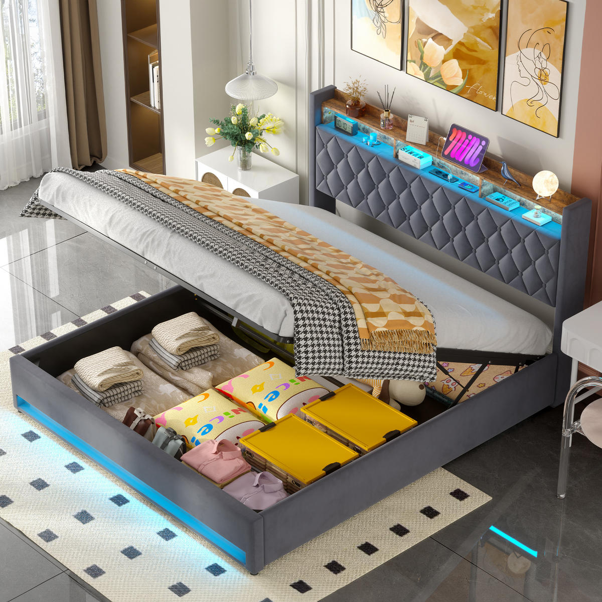 POLSTERBETT 180/200 cm Beige mit LED-Lichtleiste und USB-Anschlüssen - Beige, Holzwerkstoff (180/200cm) - OKWISH