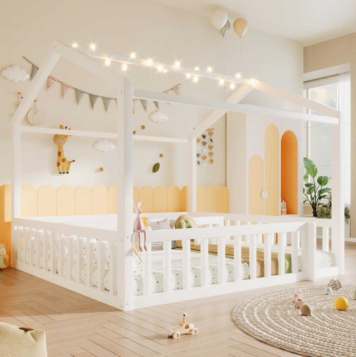 KINDERBETT aus Kiefernholz 90x190/180x190 cm Weiß mit Schutzgitter, Hausrahmen und LED-Beleuchtung - Weiß, Holzwerkstoff (90/190cm) - IVMEU