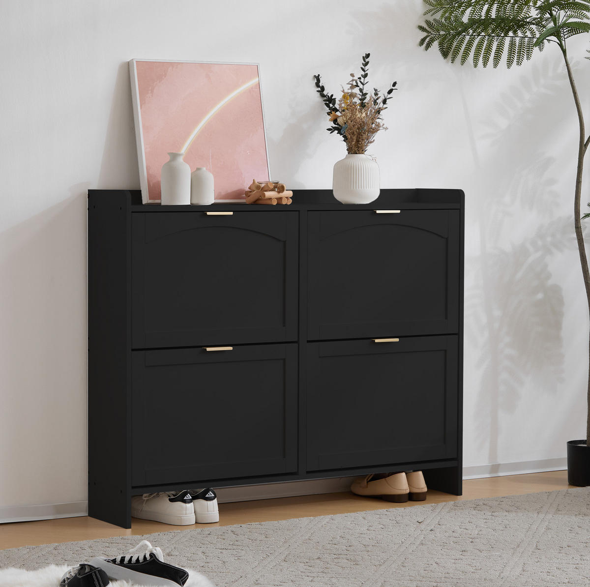 SCHUHSCHRANK 110/24/90 cm mit 4 Klappenfächern, offenen Ablagen und verstellbaren Einlegeböden aus Spanplatte, Schwarz - Schwarz, Holzwerkstoff (110/90/24cm) - Redom
