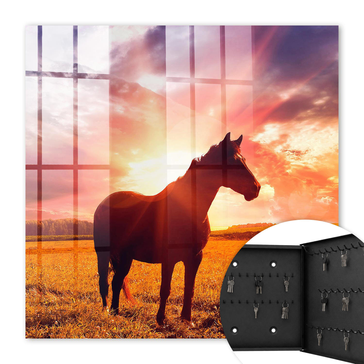 SCHLÜSSELBOX Schwarz 30x30 cm- Türöffnung nach rechts - Pferd in der Sonne - Orange, Metall (30/30/5cm) - TULUP