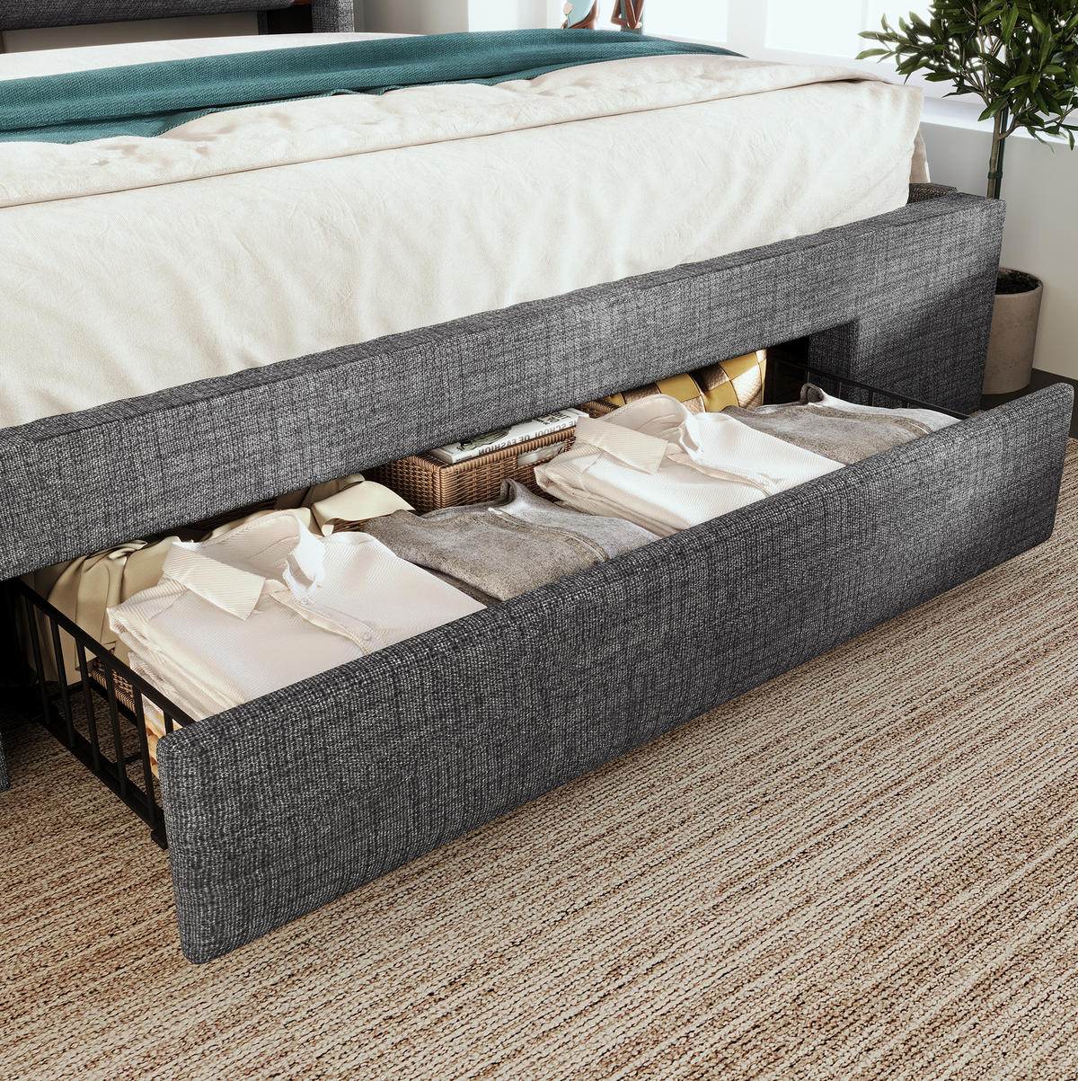 POLSTERBETT mit Stauraum, LED und USB 140x200 cm Leinen Grau - Grau, Metall (140/200cm) - Meubliv