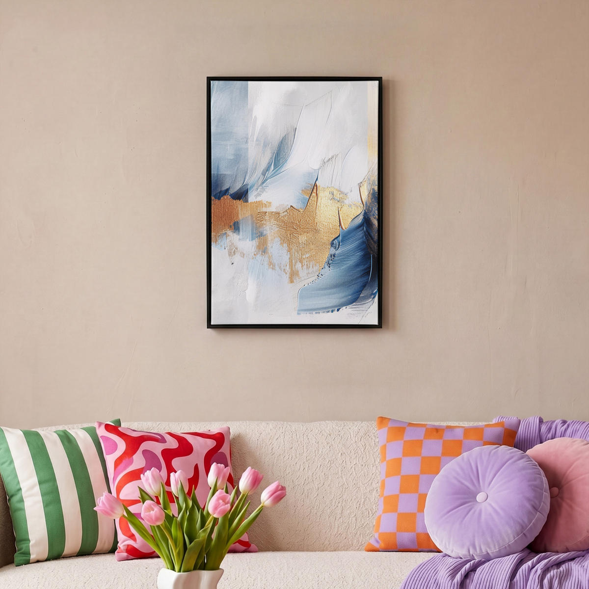 LEINWAND Bilder mit Rahmen - Gold - Blau - Aquarell - Kunst - Modern - 40x60 - Hellblau, Textil (40/60cm) - MuchoWow