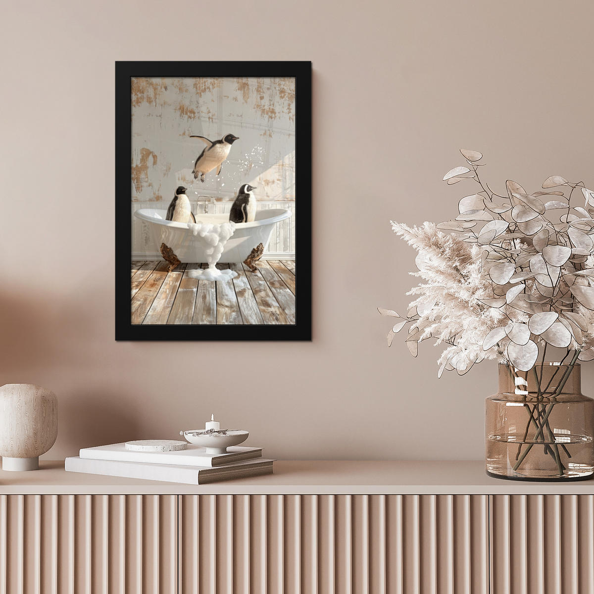 GERAHMTES BILD Vintage - Pinguin - Badewanne - Schaumstoff 20x30 cm - Schwarz, Papier (20/30cm) - MuchoWow