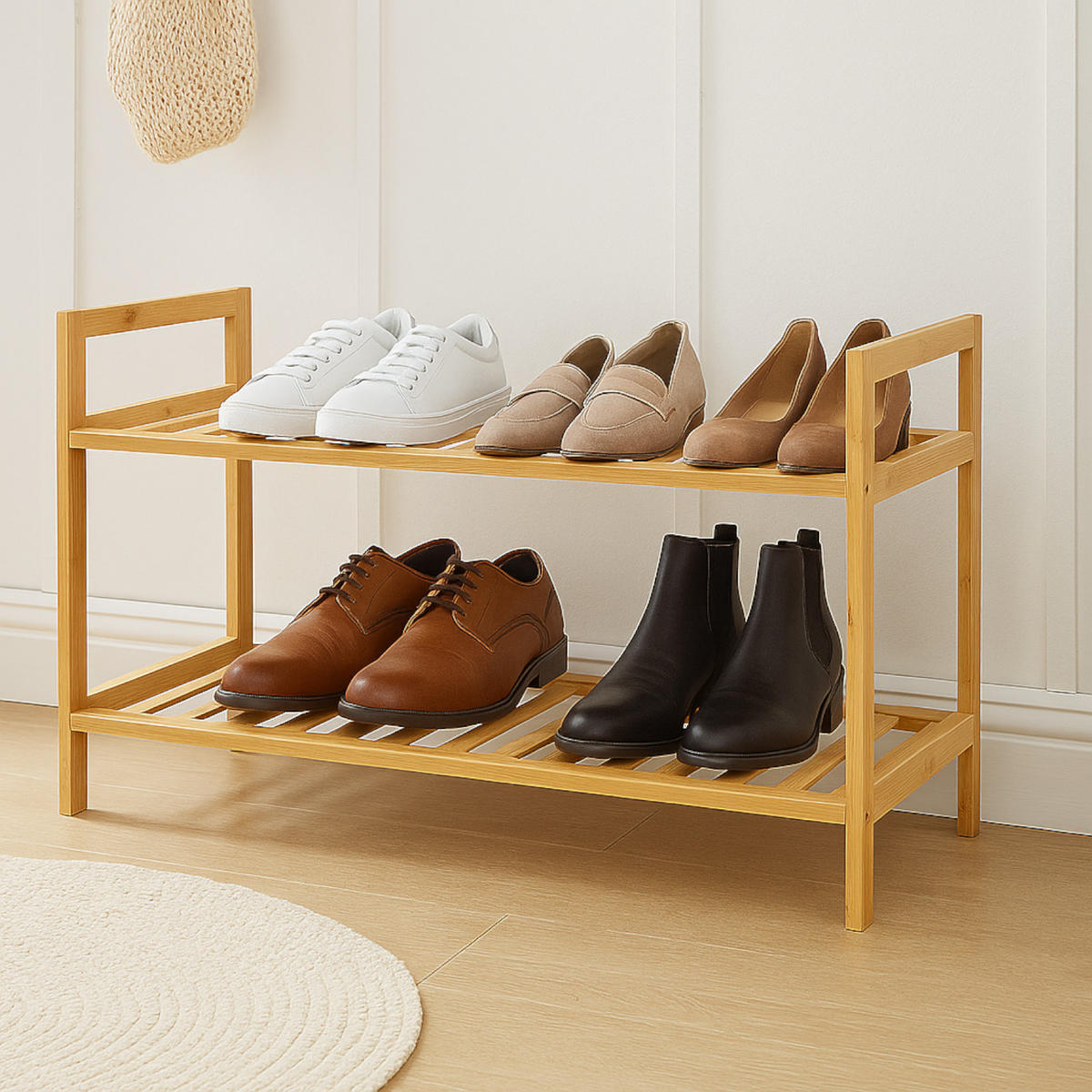 SCHUHREGAL Bambus Naturfarben 2-stufig 69/27/40 cm - Naturfarben, Holz (69/40/27cm) - Begryf