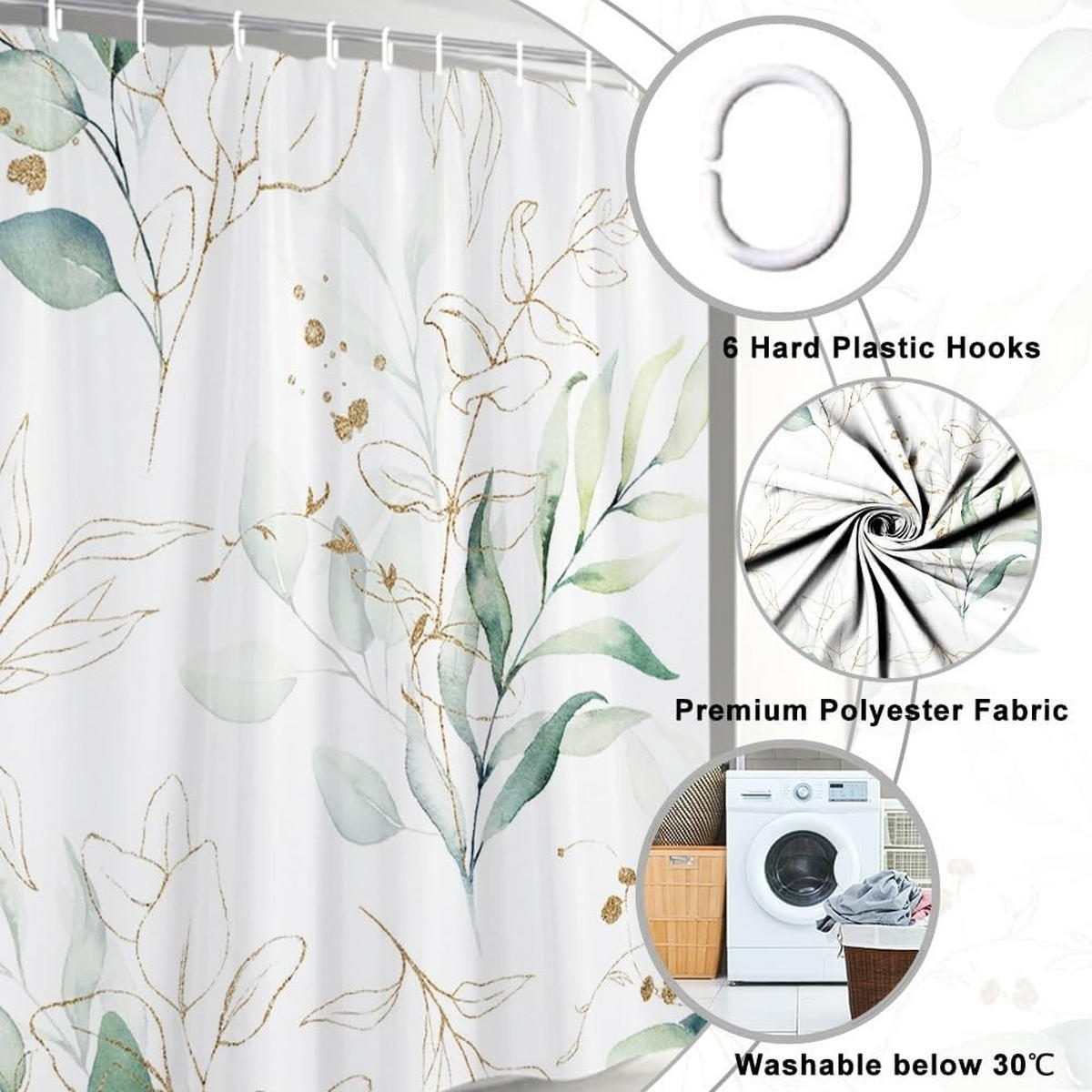 DUSCHVORHANG Blätter Badewanne schimmelresistent wasserdicht Stoff Polyester waschbar mit Haken 90 x 180 cm - Grün, Textil (180/90cm) - MCBOSON