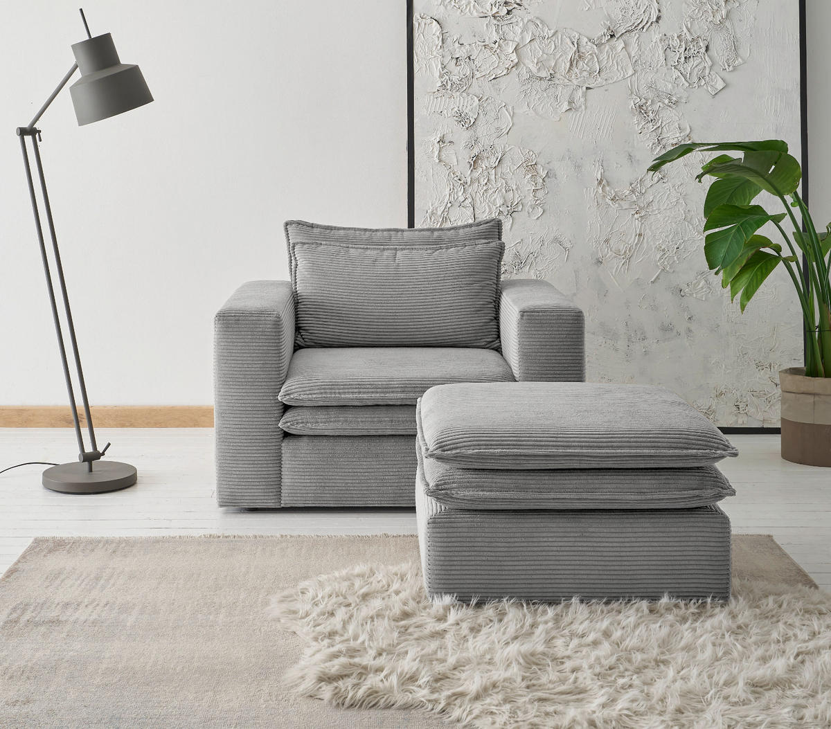 LOVESEAT Set hellgrau Cord, Loungesessel inklusive Hocker - Beige/Hellgrau, Holz/Kunststoff (110/83/161cm) - Furn.Design