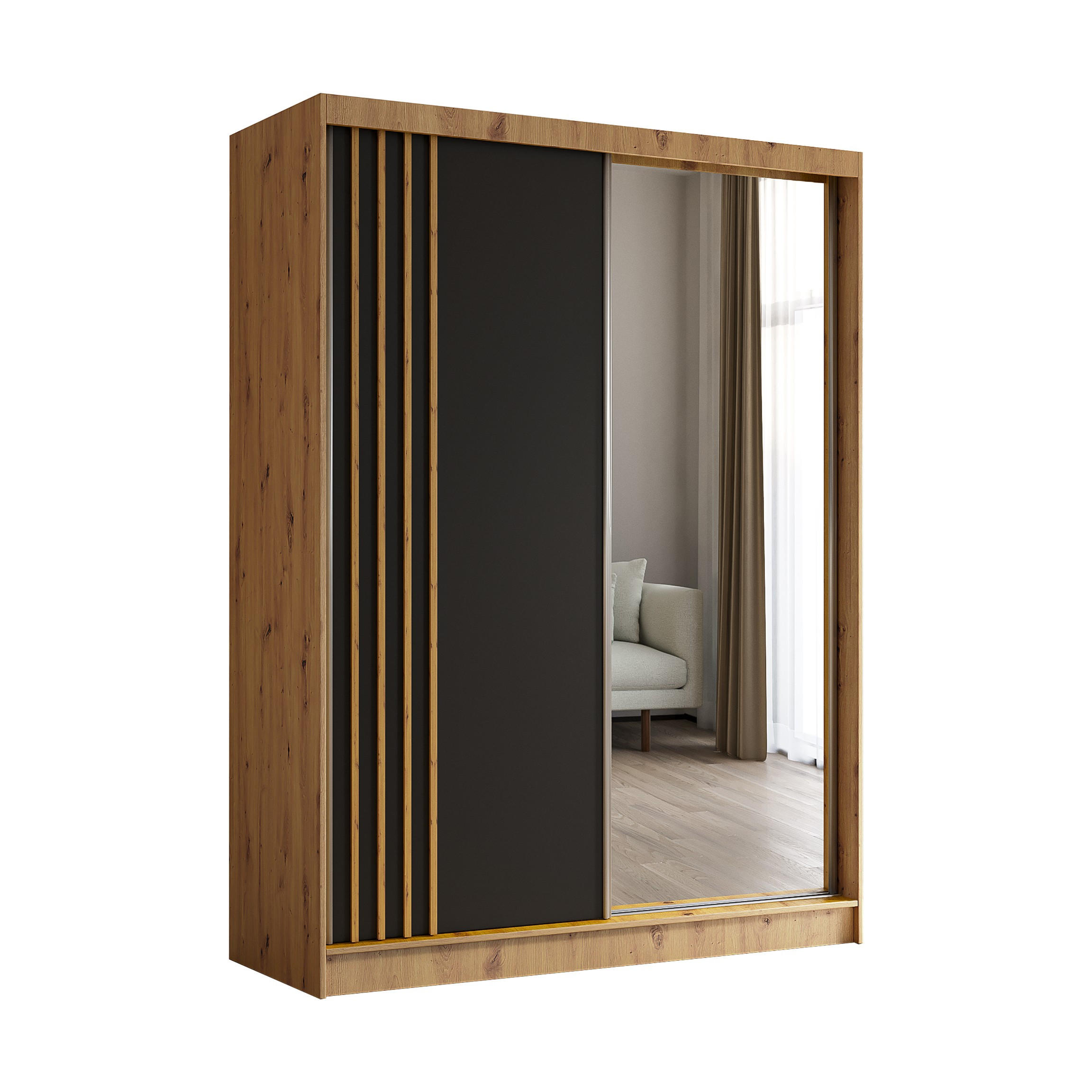 SCHWEBETÜRENSCHRANK Neli 160 cm mit Lamellen und Spiegel 2-türig, Artisan, schwarz, Lamelle Artisan - Braun/Eiche Artisan, Kunststoff (160/216/61cm) - Margaret Hadas24