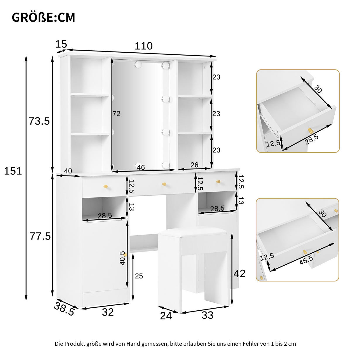 SCHMINKTISCH in Weiß mit Hollywood-LED & Spiegel - Weiß, Holzwerkstoff (110/151/40cm) - Urban Meuble