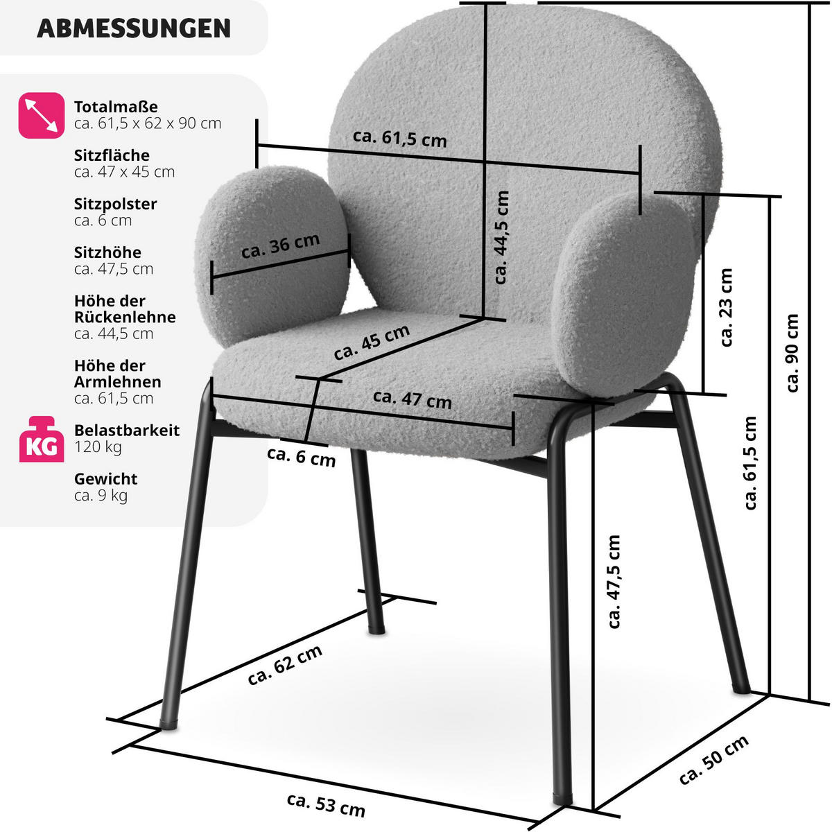 STUHL 1er Set Scandi Belastbarkeit 120 kg 61 5 x 62 x 90 - Hellgrau, Kunststoff (62/90/61.5cm) - tectake