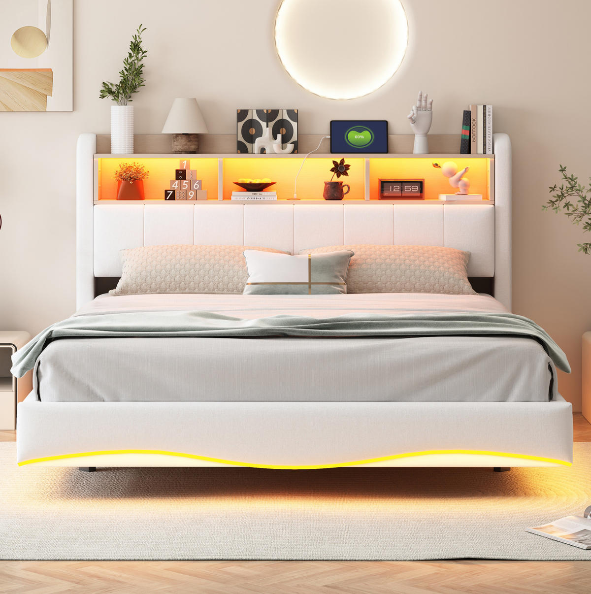 ČALÚNENÁ posteľ z látky 160x200 cm béžová s LED osvetlením, USB a USB-C, odkladacím priestorom - béžová, textil (160/200cm) - Modfu