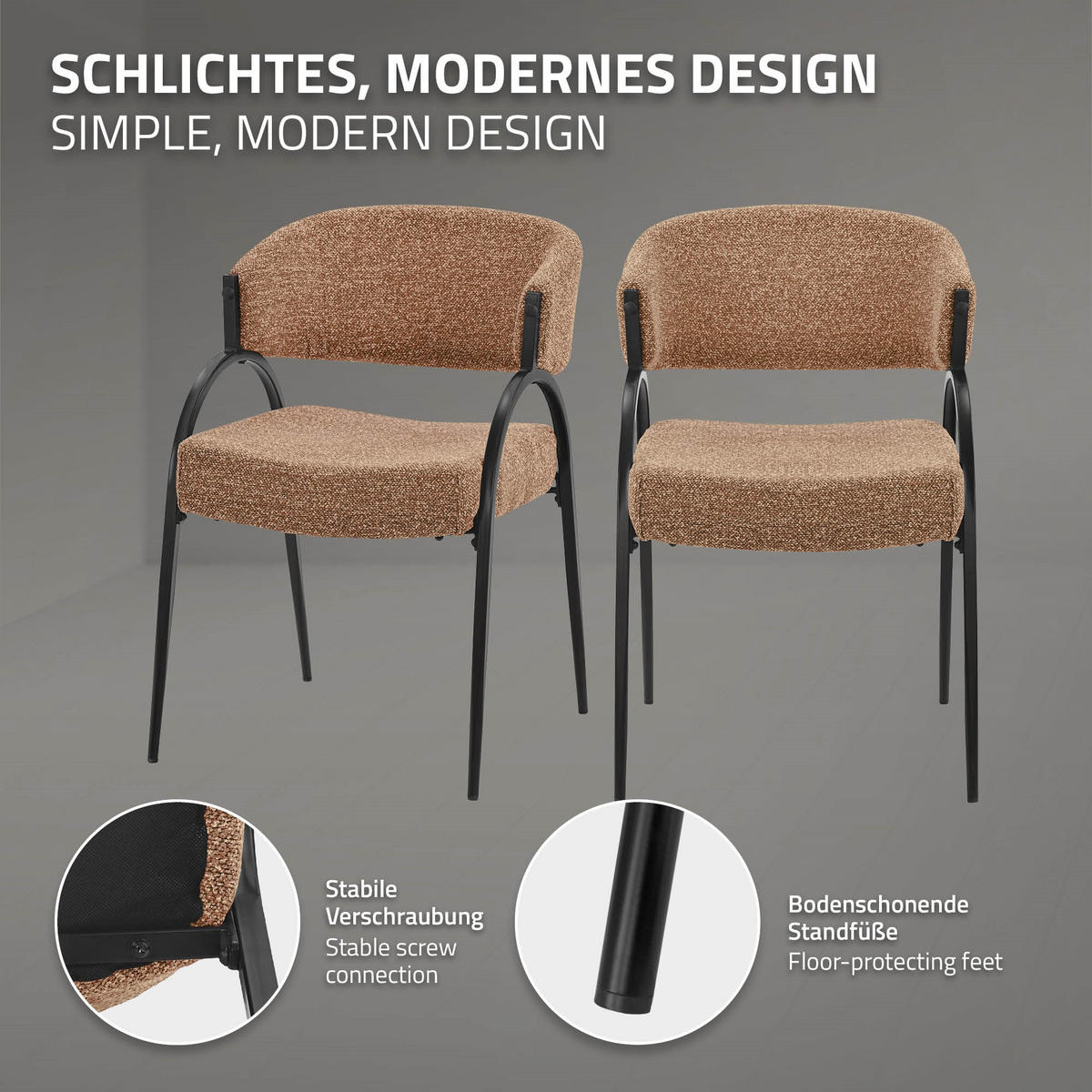 ESSZIMMERSTUHL 2er Set Küchenstühle gepolstert mit Webstoff-Bezug und Arm- und Rückenlehne Rot - Rot/Schwarz, Textil/Metall (54/81/65cm) - ML-DESIGN