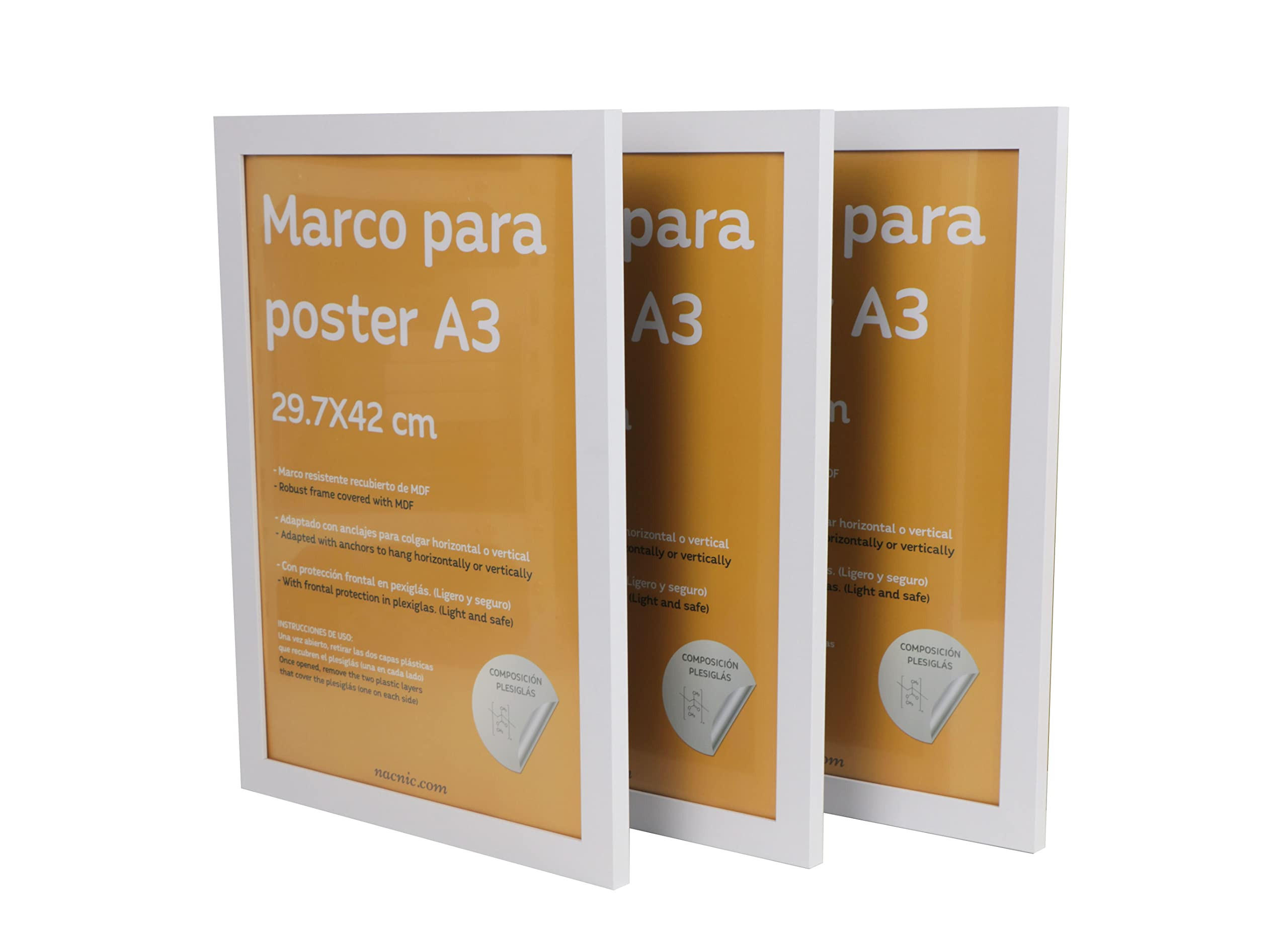 RAHMEN Set mit 3 aus MDF und Acrylglas Schutz und Aussteller für Fotografien, Bilder, Poster, Gemälde, Dekoration für Haus Farbe Weiß A3 - Weiß, Holz (29.7/3/42cm) - Nacnic