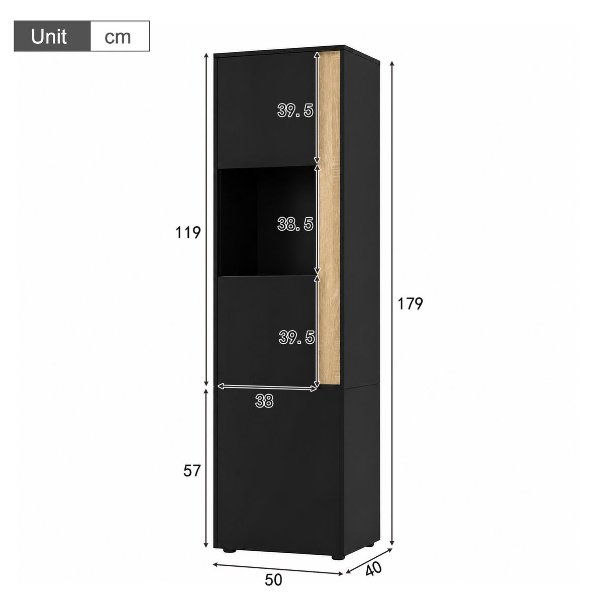 VITRINE 50x40x179 cm Schwarz Natur mit LED und 2 Türen - Schwarz, Holzwerkstoff (50/179/40cm) - FLIEKS