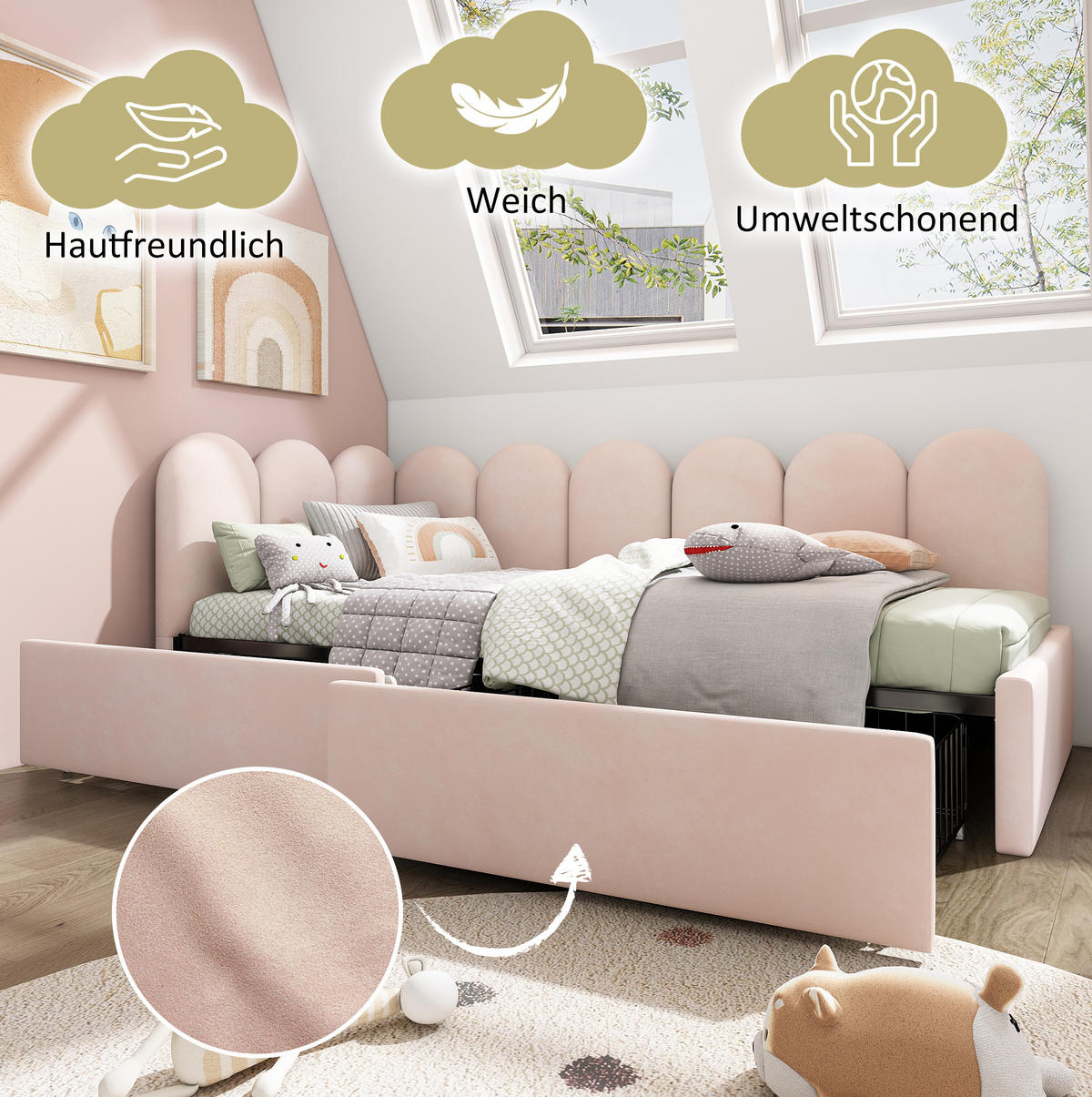 POLSTERBETT 90/200 cm Rosa aus Samt mit 2 Schubladen - Rosa, Textil (90/200cm) - OKMYHOME