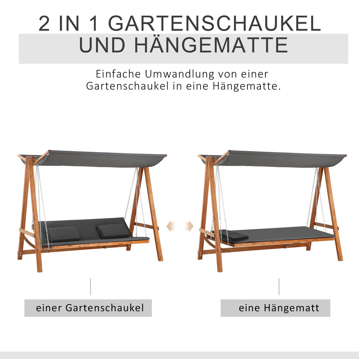 HOLLYWOODSCHAUKEL DE-07017 3-Sitzer, Mit Bettfunktion, Lärche Natur - Grau/Teakfarben, Holz (225.5/180/130cm) - ComfortXL