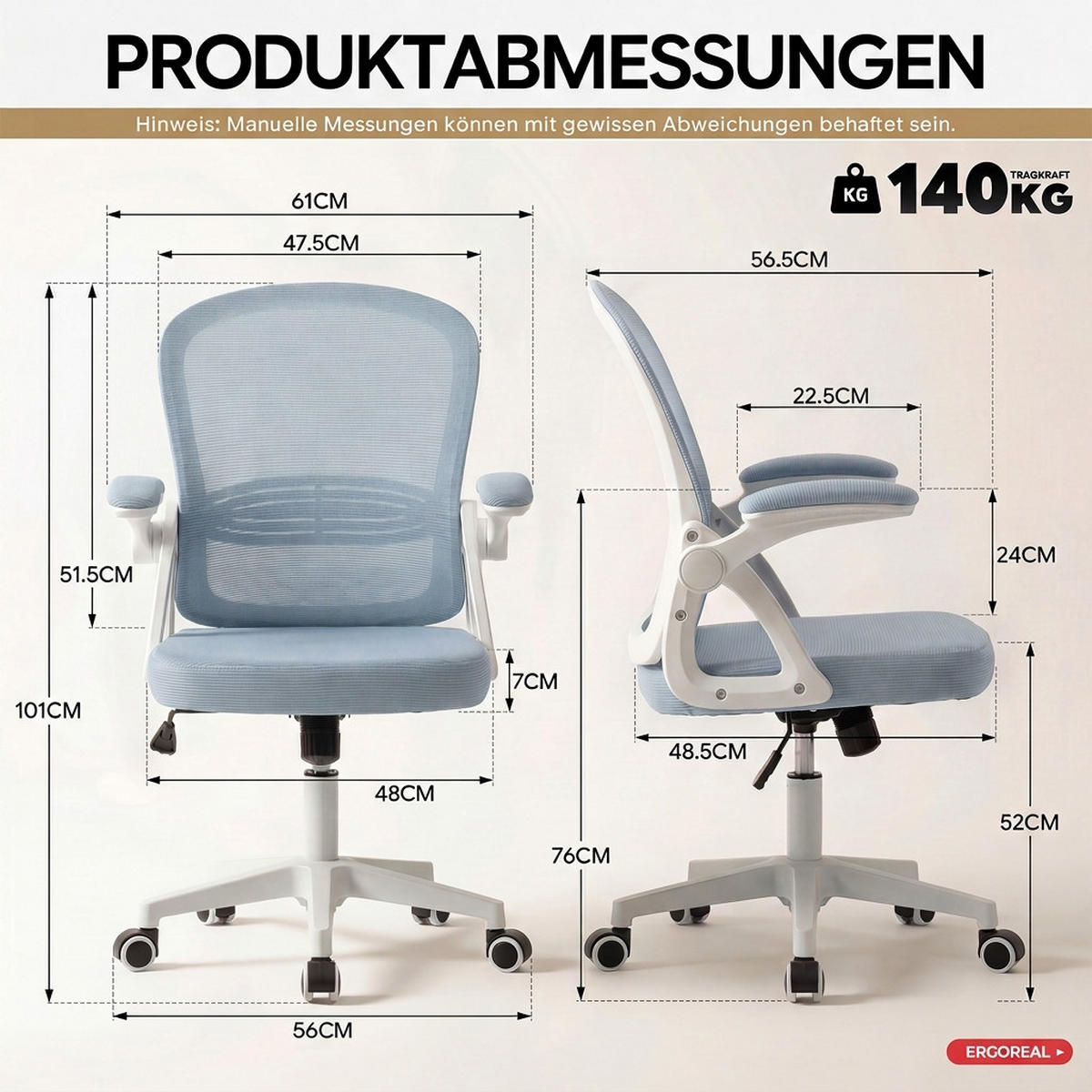 DREHSTUHL Hellblau mit Verstellbare Rückenlehne (90–110°) und klappbare Armlehnen (90°) - Hellblau, Textil (56/102.5/60.5cm) - Oxeza